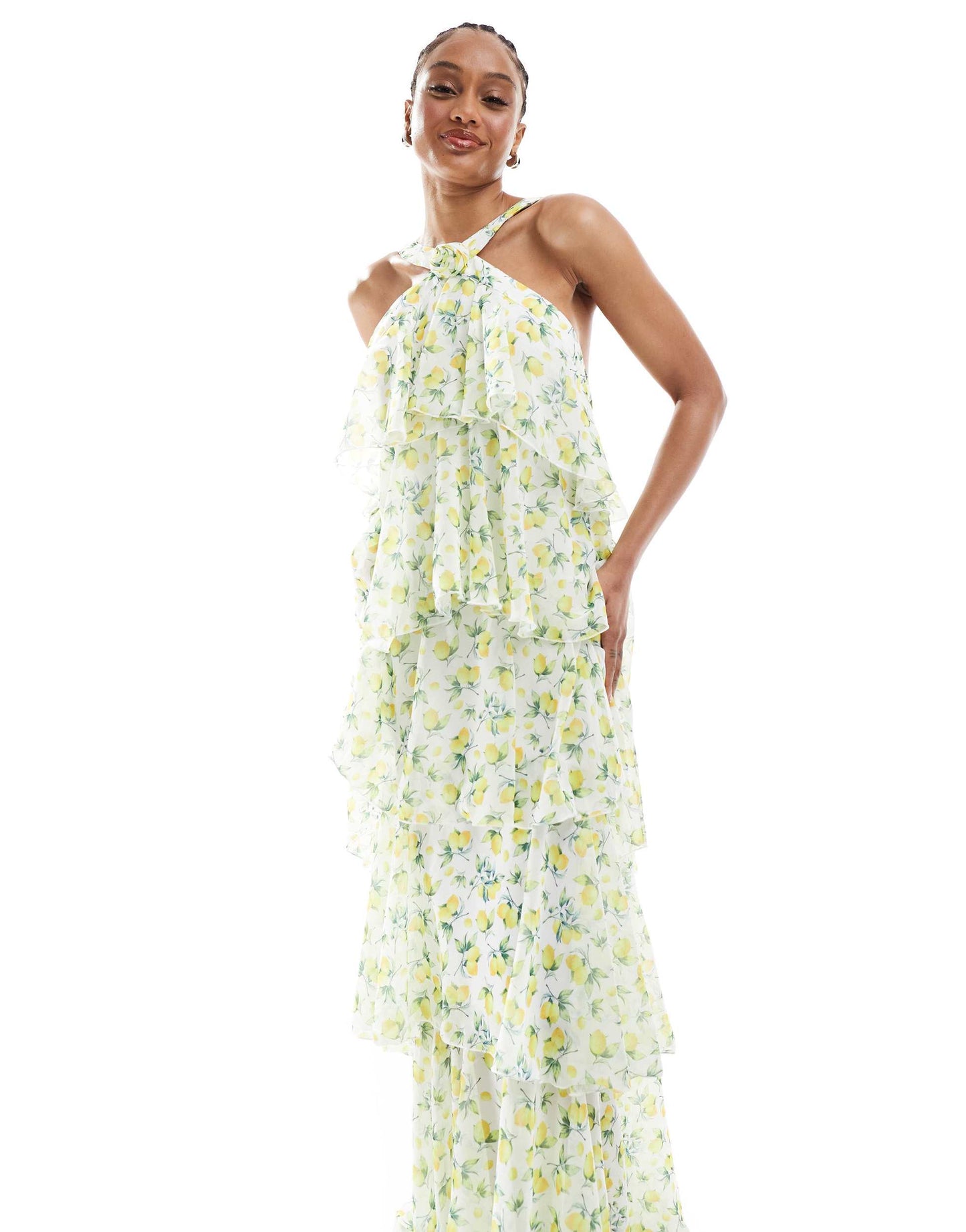 Vero Moda Tall Felicia halter neck tiered maxi dress with corsage detail in lemon print