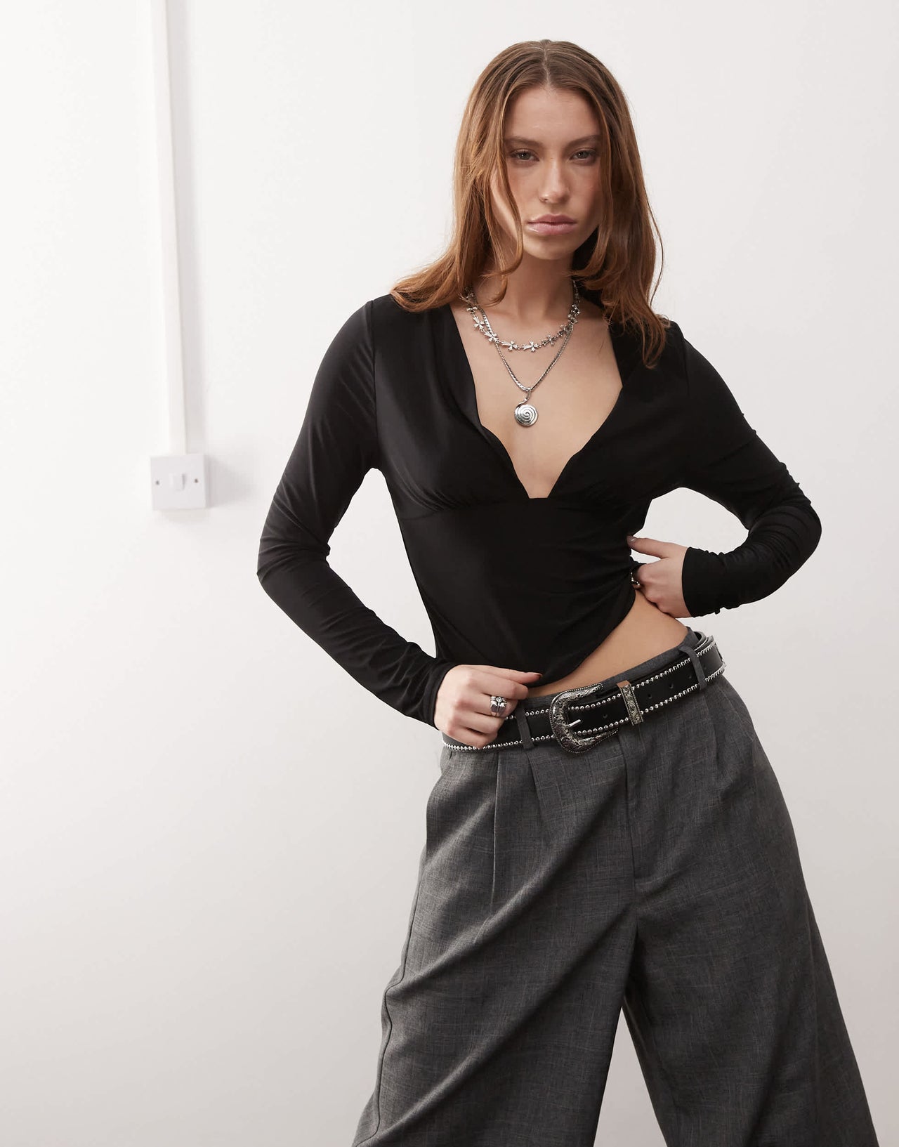 COLLUSION deep v long sleeve second skin top black