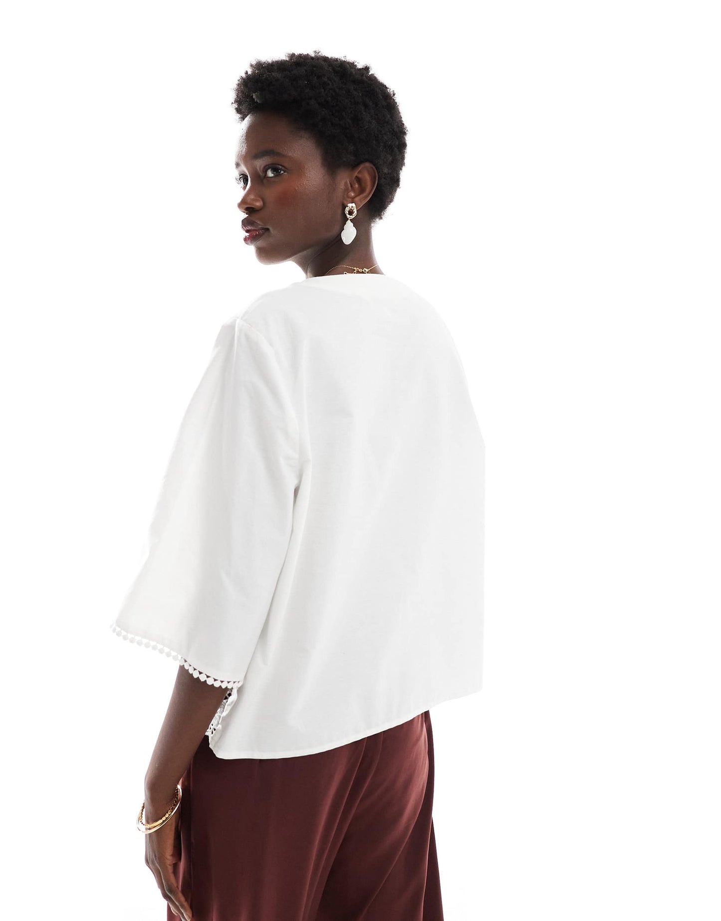 ONLY 3/4 sleeve tie front embroidered top in white