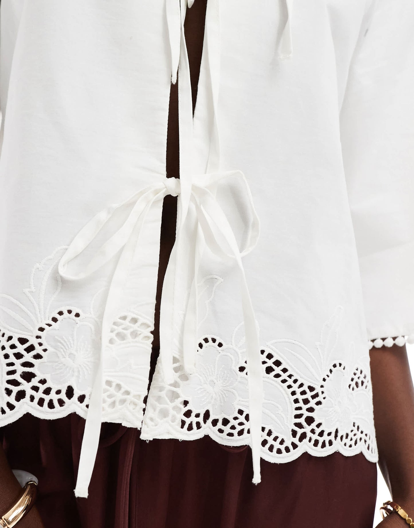 ONLY 3/4 sleeve tie front embroidered top in white