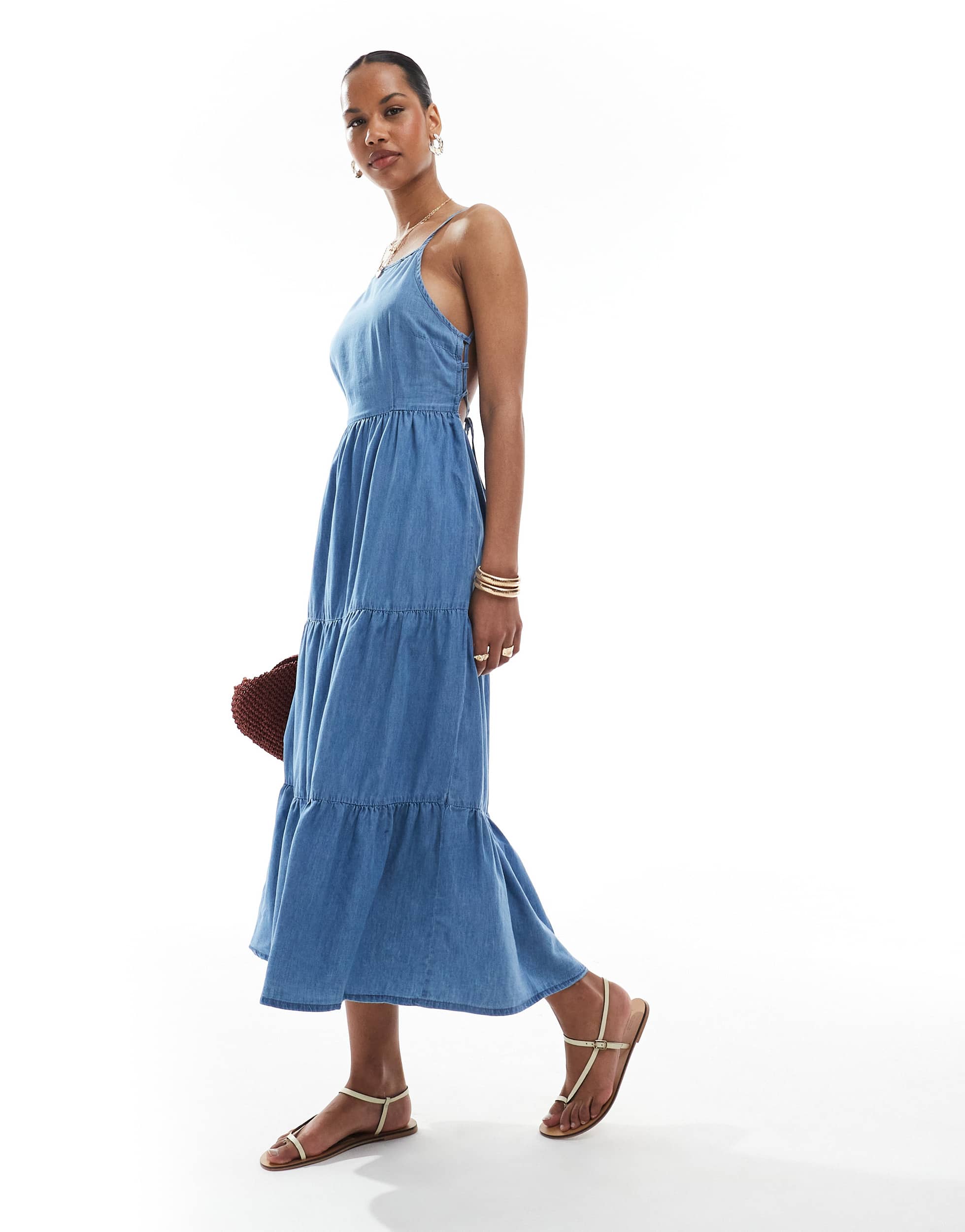 ONLY tiered midaxi cami dress with open back in blue chambray