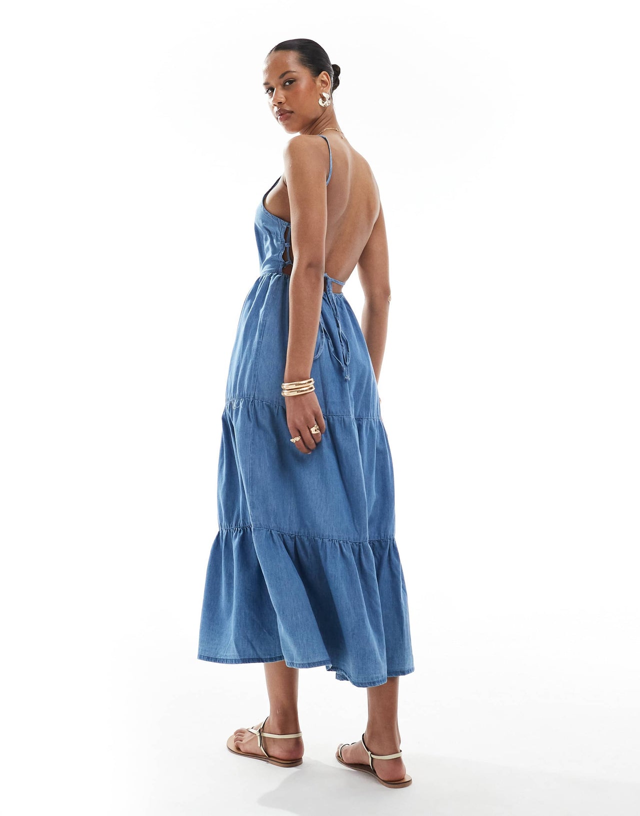 ONLY tiered midaxi cami dress with open back in blue chambray