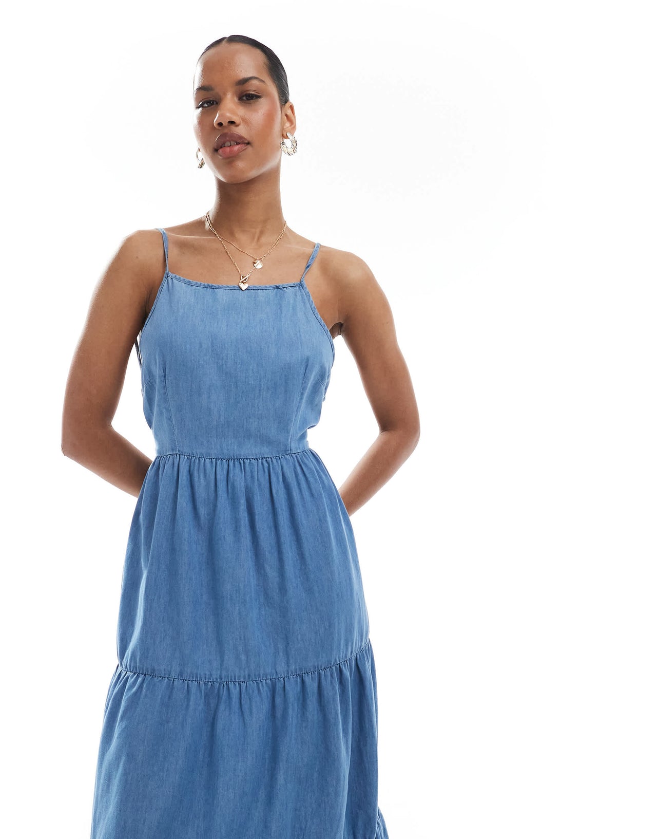 ONLY tiered midaxi cami dress with open back in blue chambray