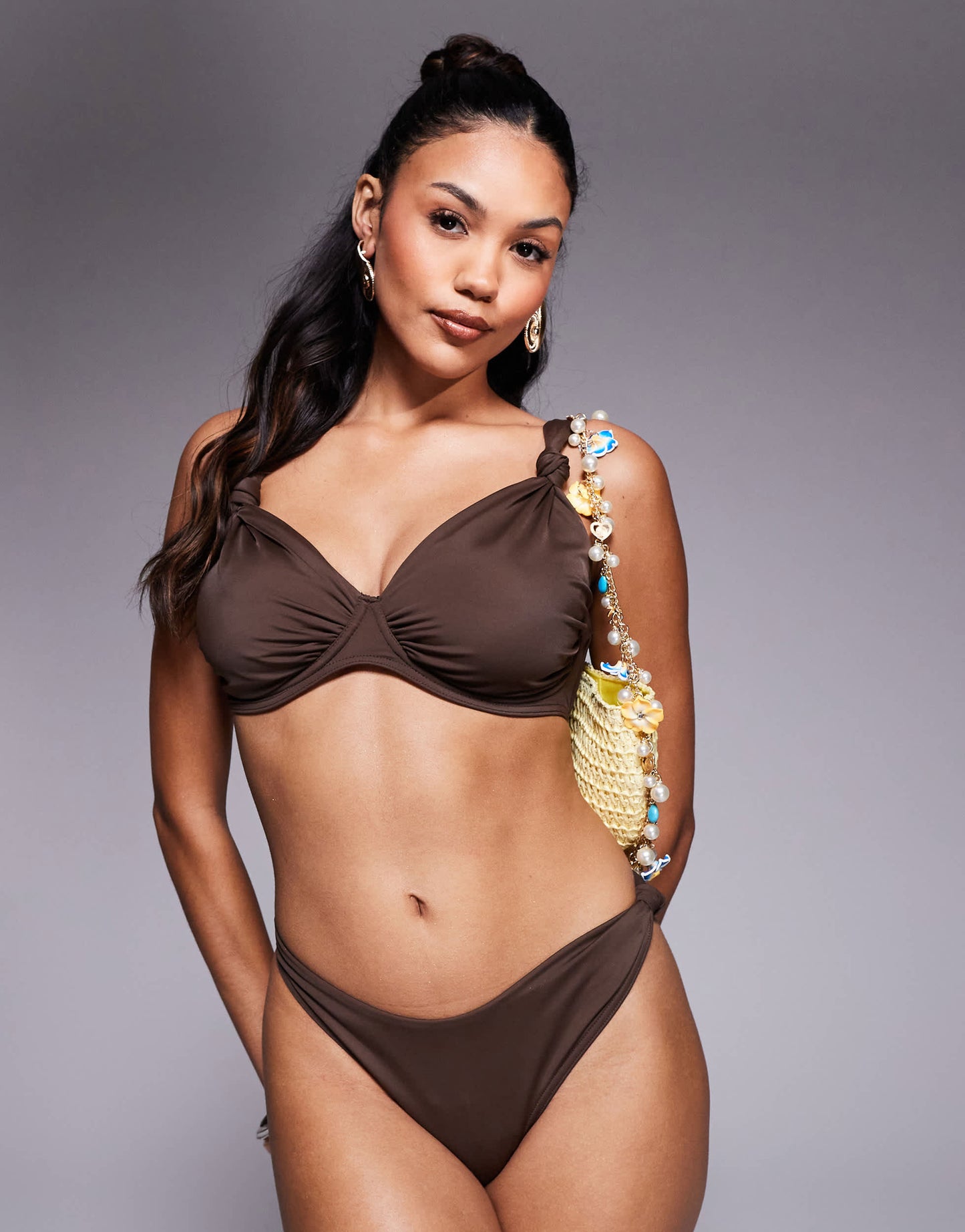 ASOS DESIGN Nina knot high leg bikini bottom in chocolate brown