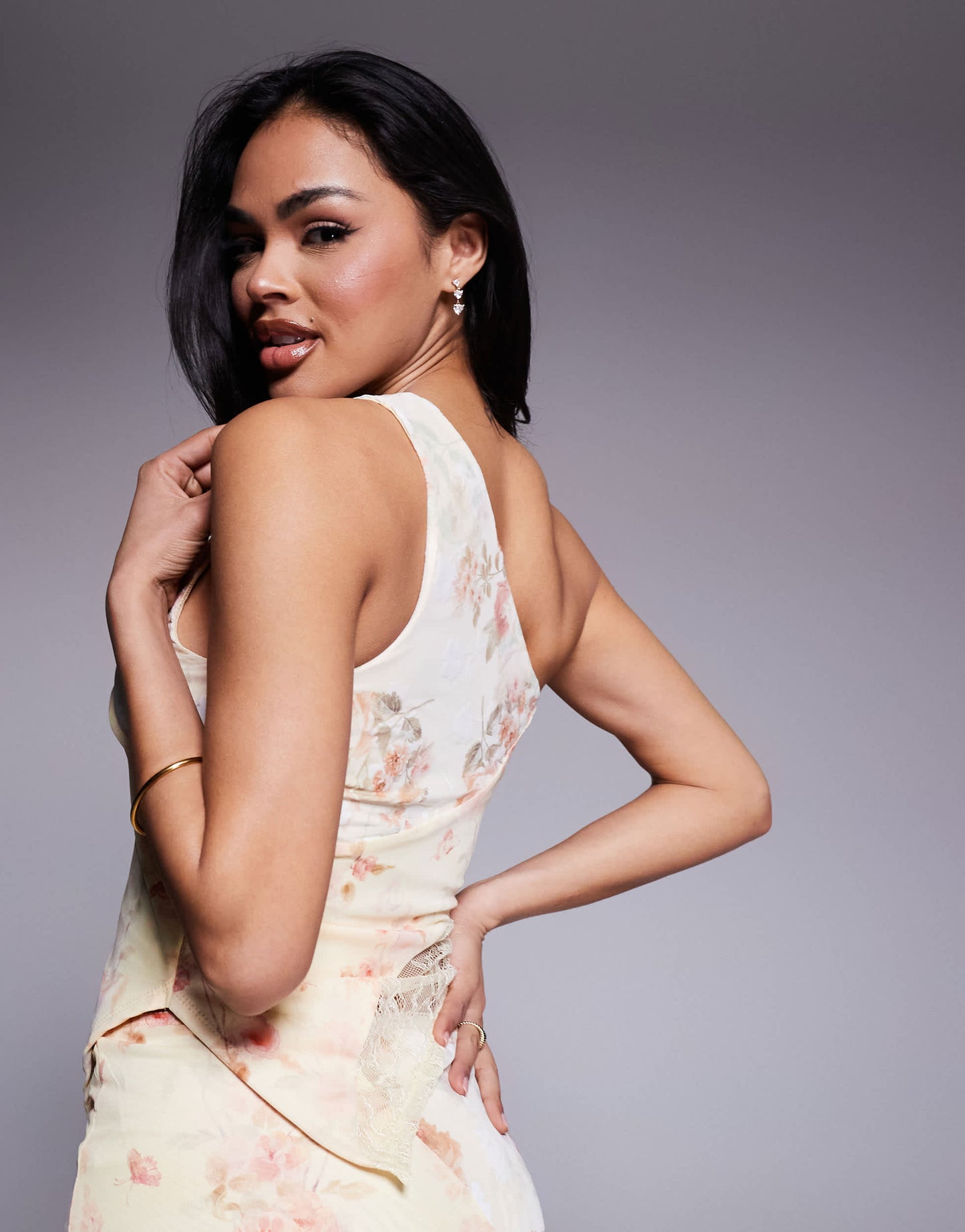 Love Triangle asymmetric spliced floral lace top co-ord in multi