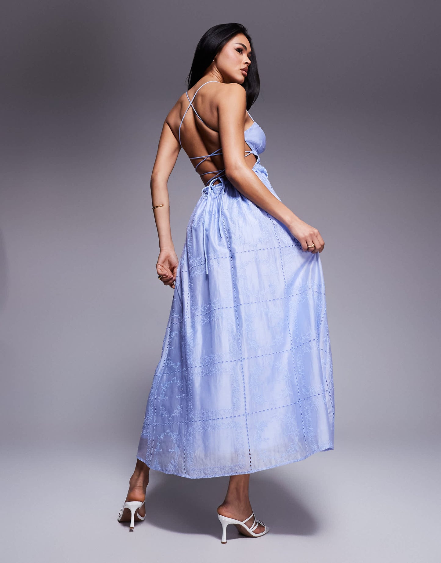 Love Triangle embroidered midaxi dress with shirred waist and lace up back in blue