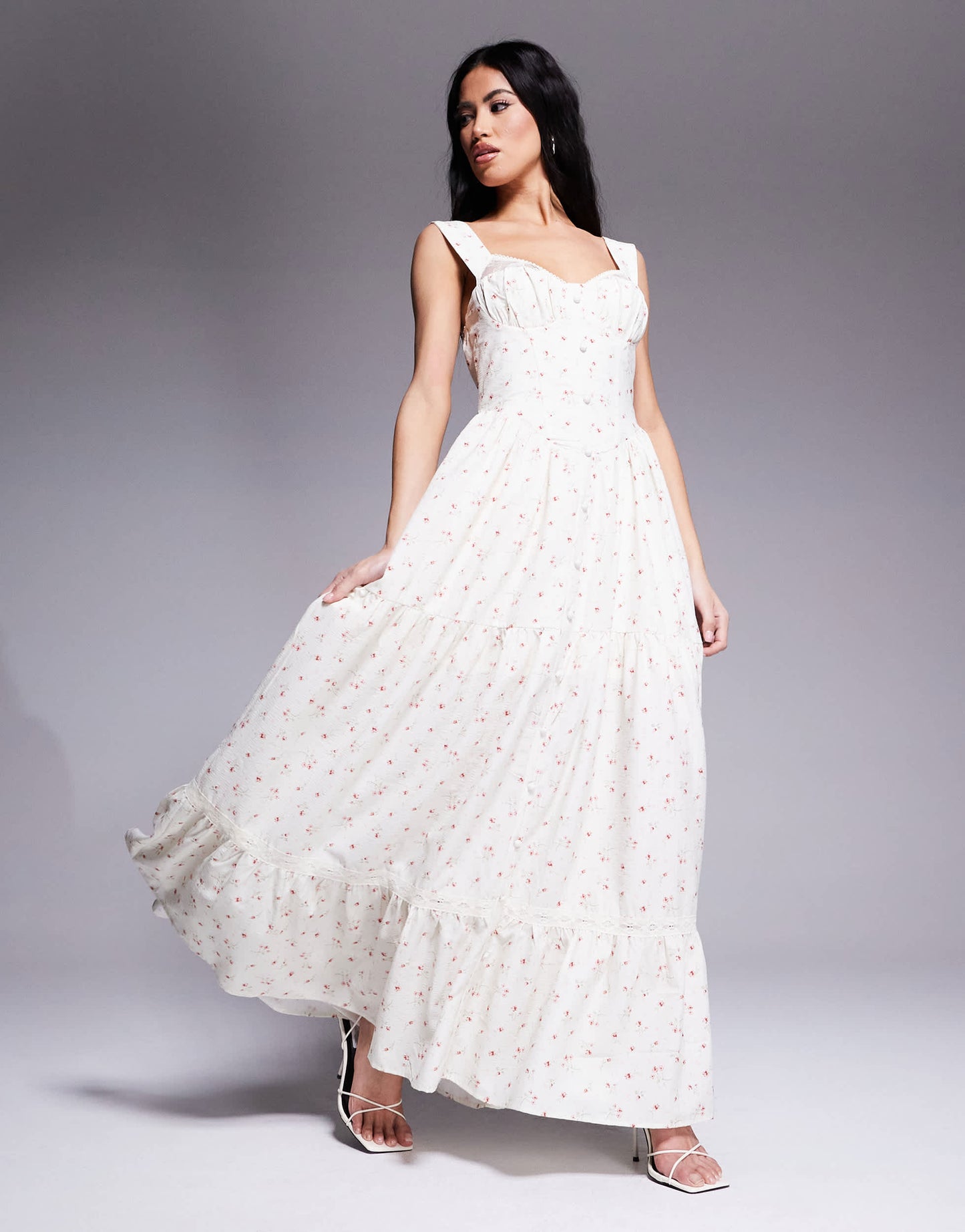 Love Triangle milkmaid tiered maxi dress in pink ditsy