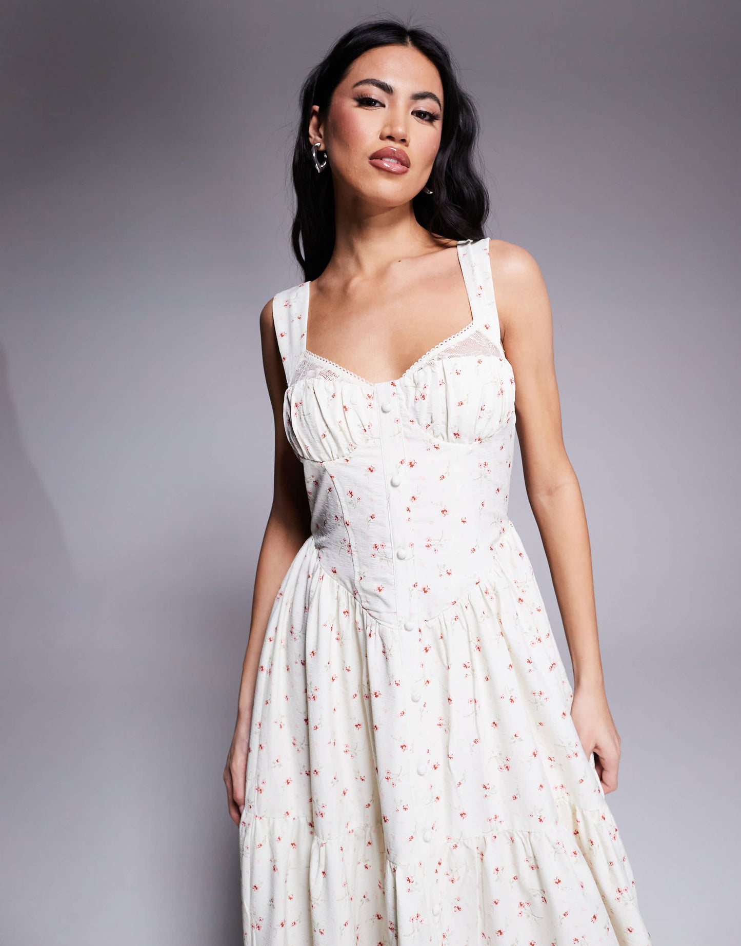 Love Triangle milkmaid tiered maxi dress in pink ditsy