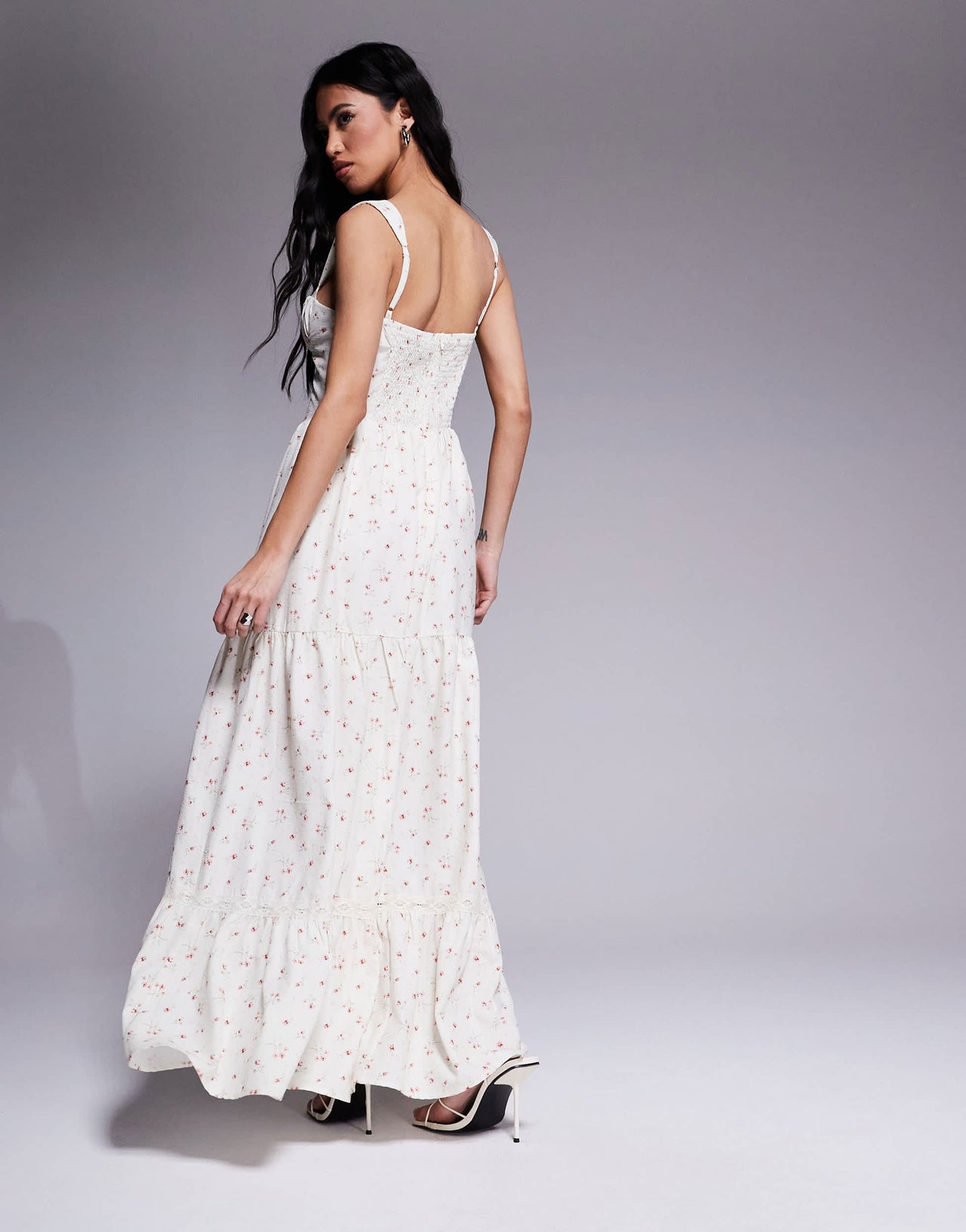 Love Triangle milkmaid tiered maxi dress in pink ditsy