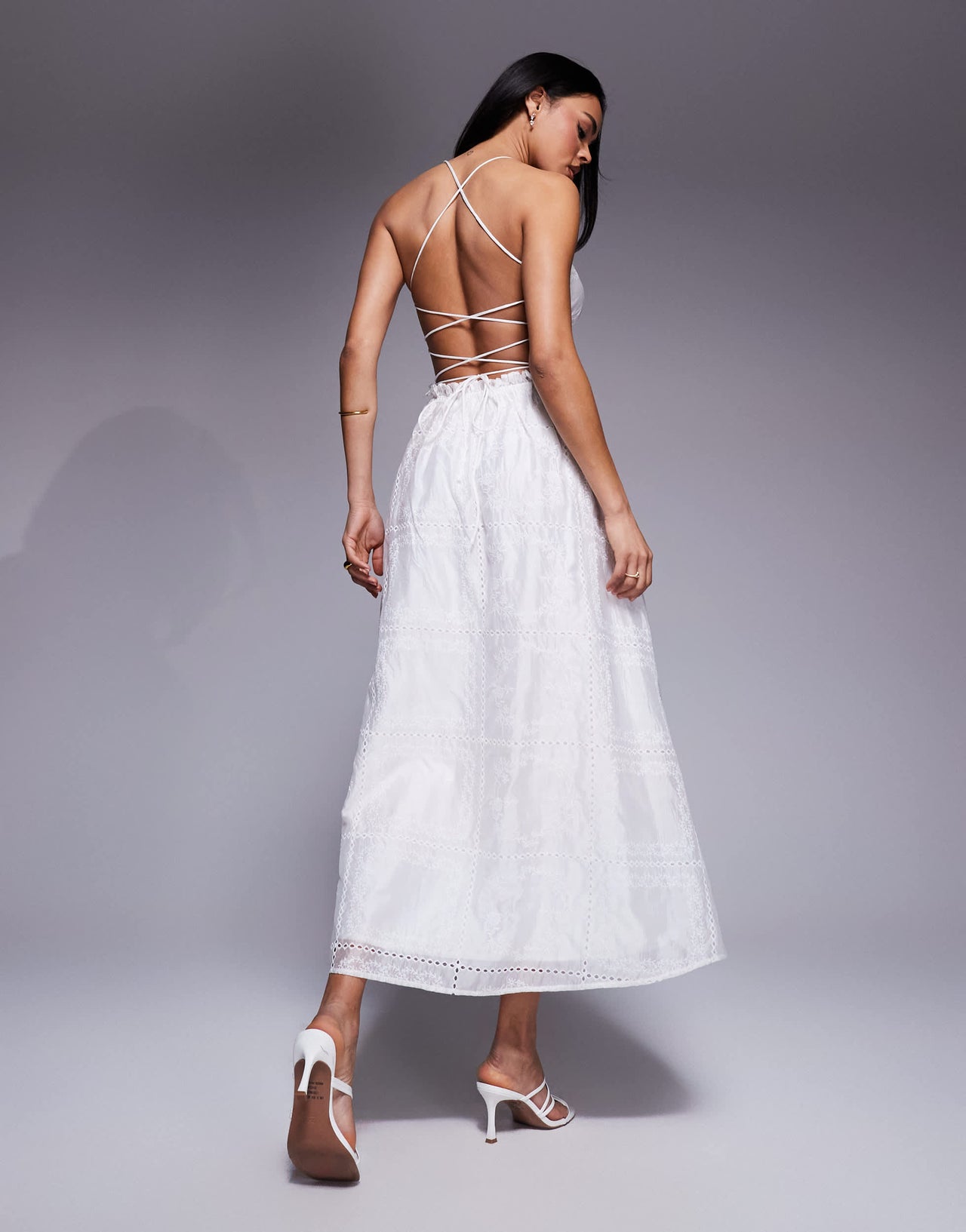 Love Triangle embroidered midaxi dress with shirred waist and lace up back in white