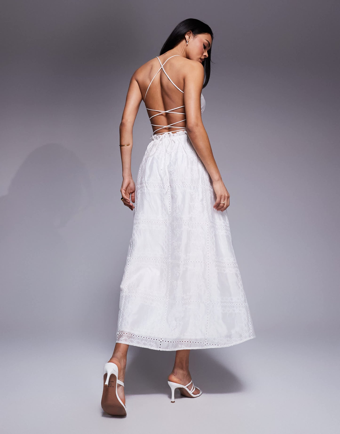 Love Triangle embroidered midaxi dress with shirred waist and lace up back in white