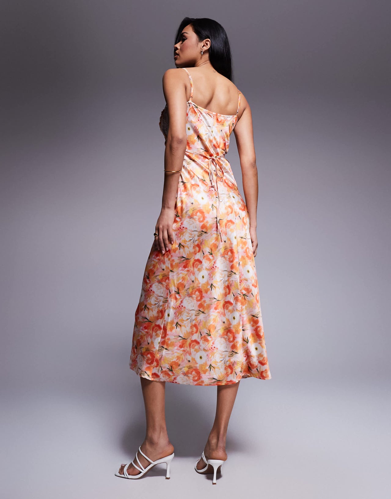 Love Triangle satin maxi dress with lace trim cups in coral print