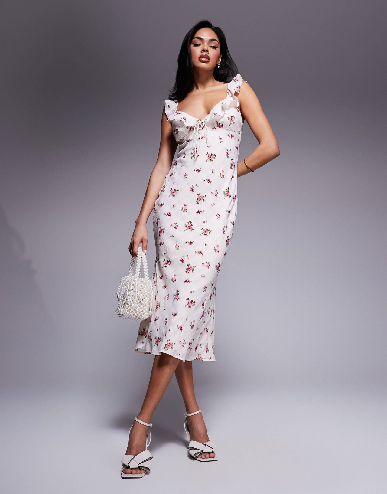 Love Triangle frill v-neck midi dress in textured floral check