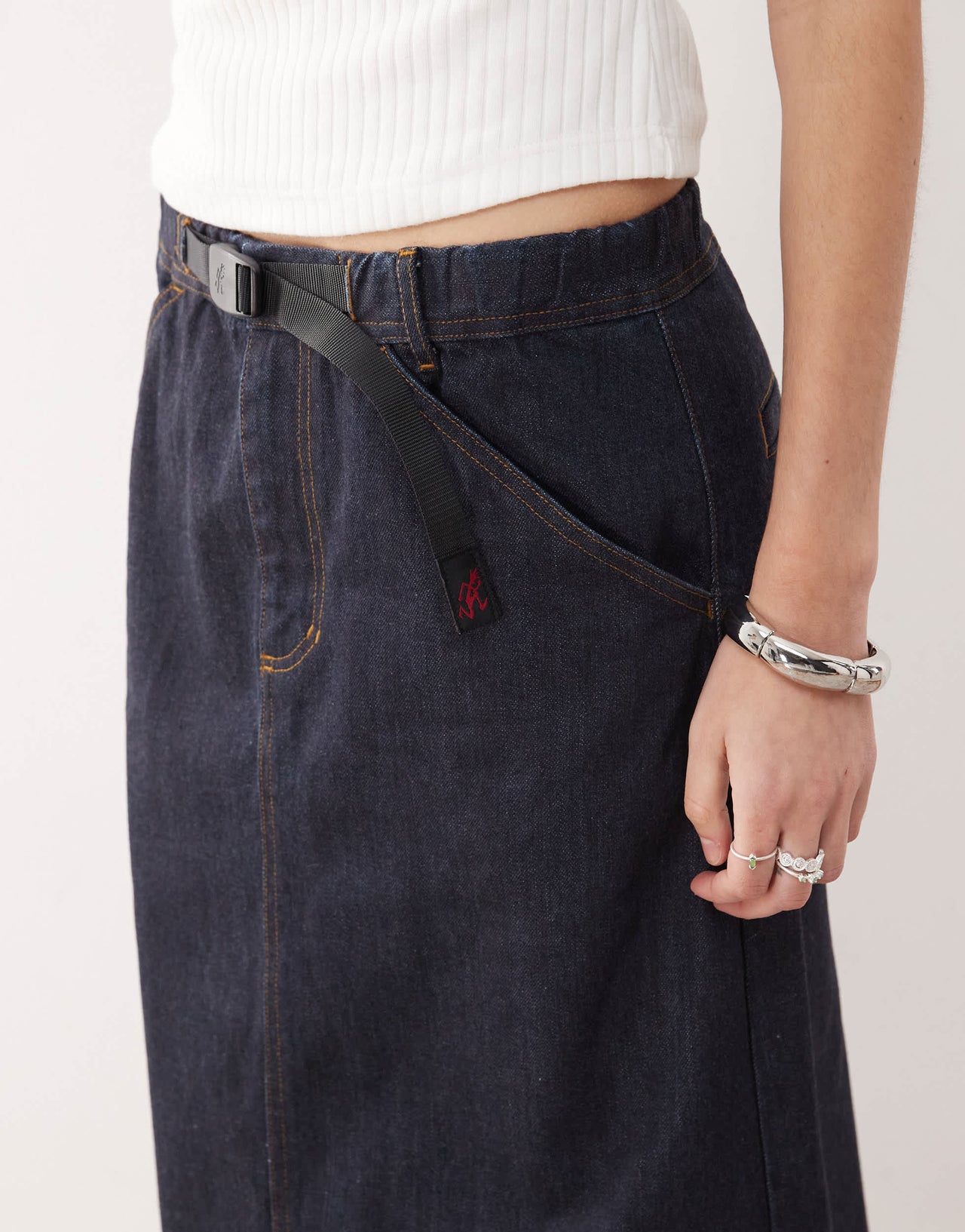 Gramicci japanese denim midi skirt in indigo