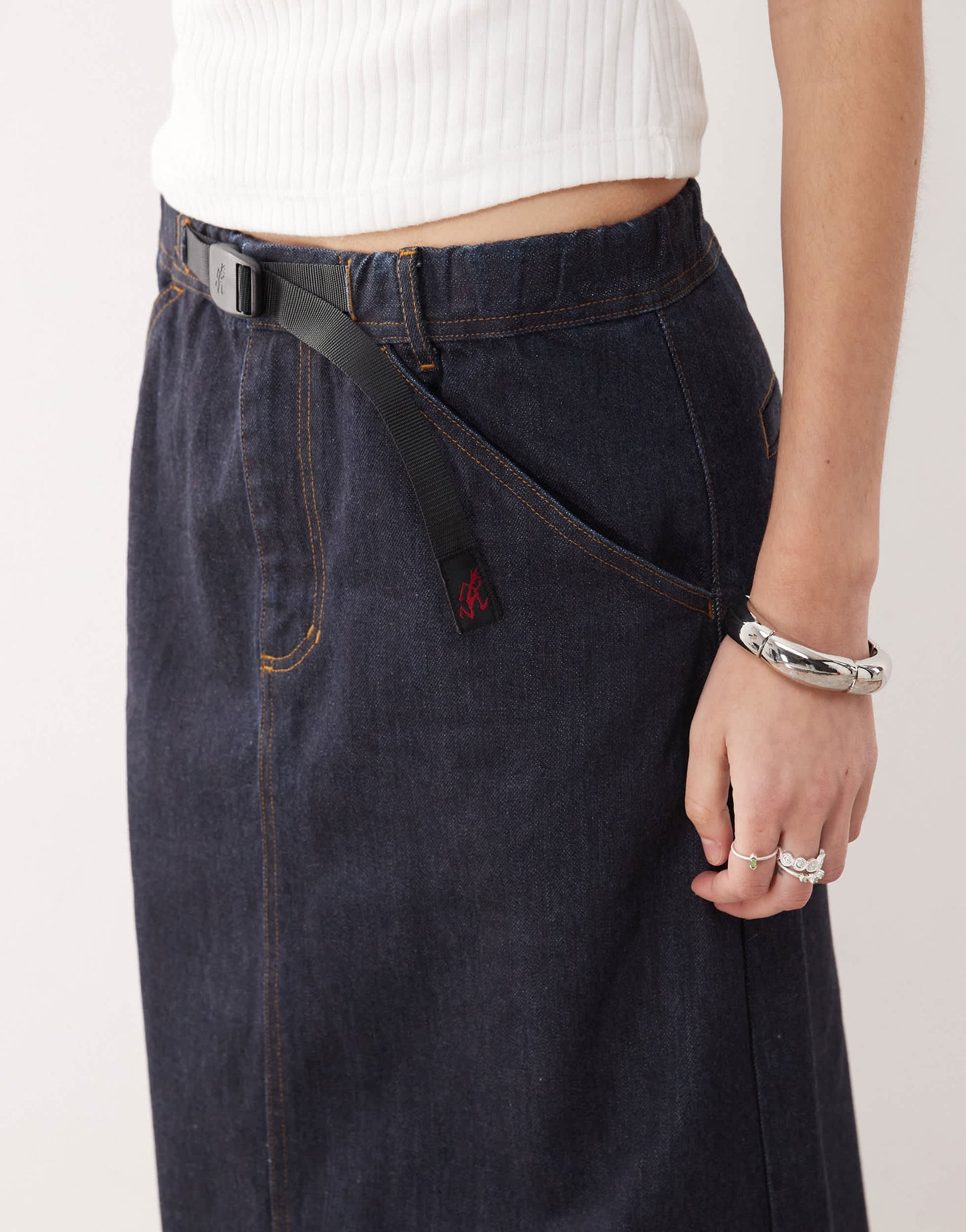 Gramicci japanese denim midi skirt in indigo