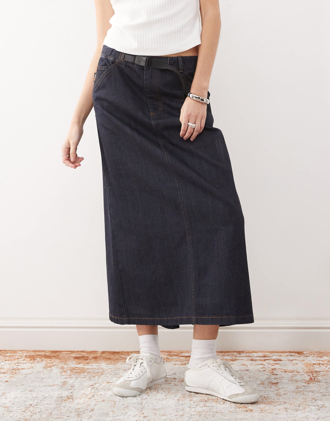 Gramicci japanese denim midi skirt in indigo