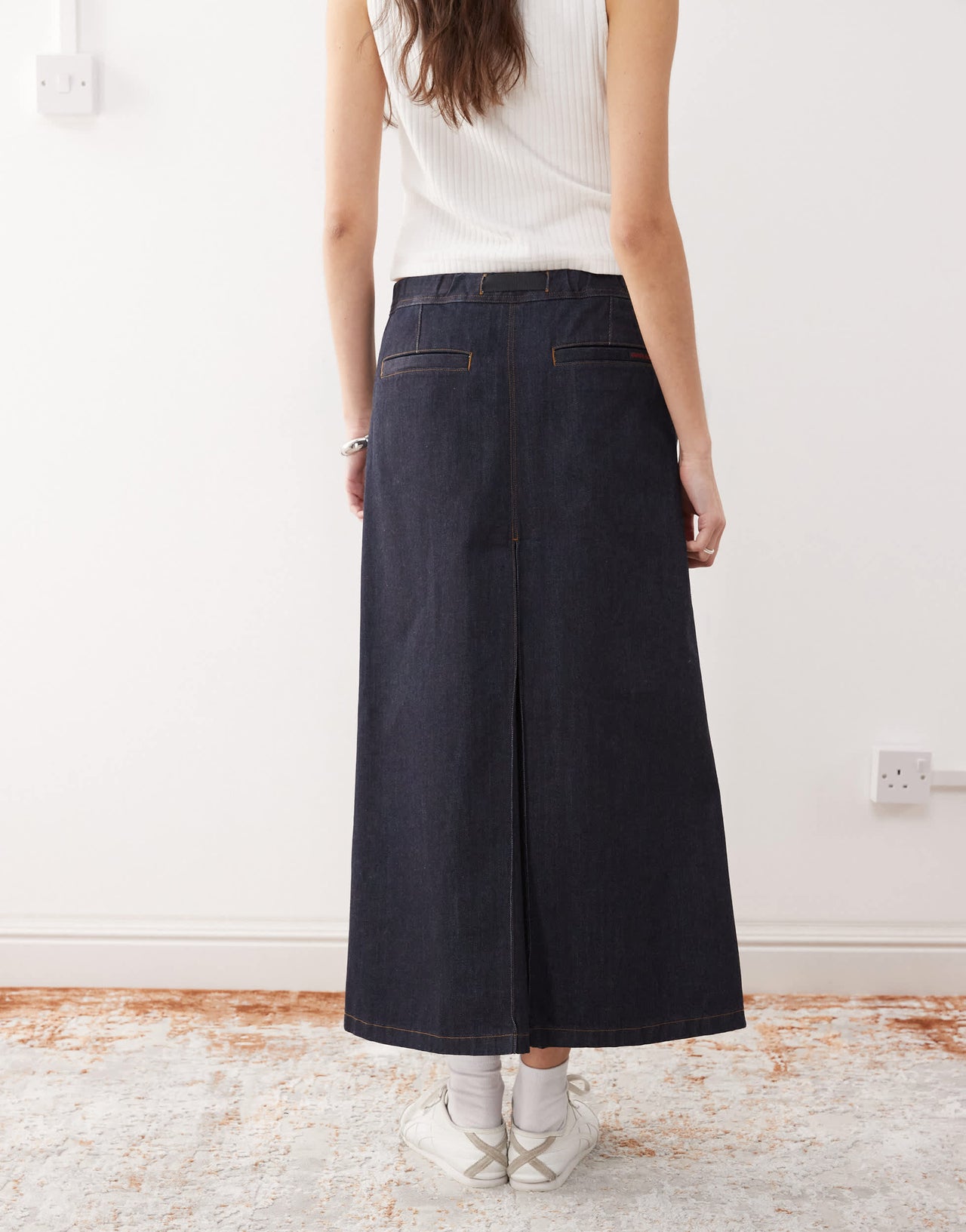 Gramicci japanese denim midi skirt in indigo
