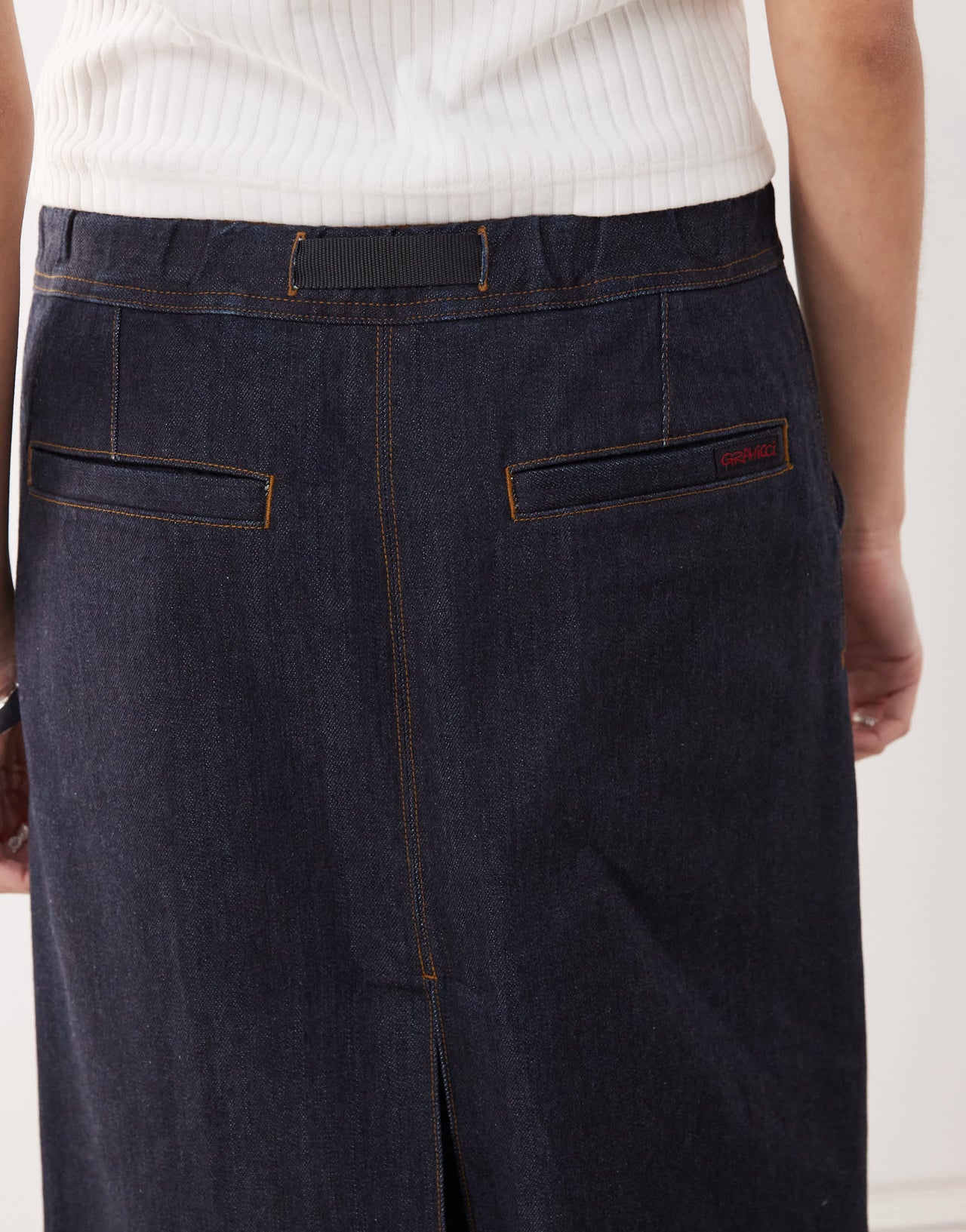 Gramicci japanese denim midi skirt in indigo