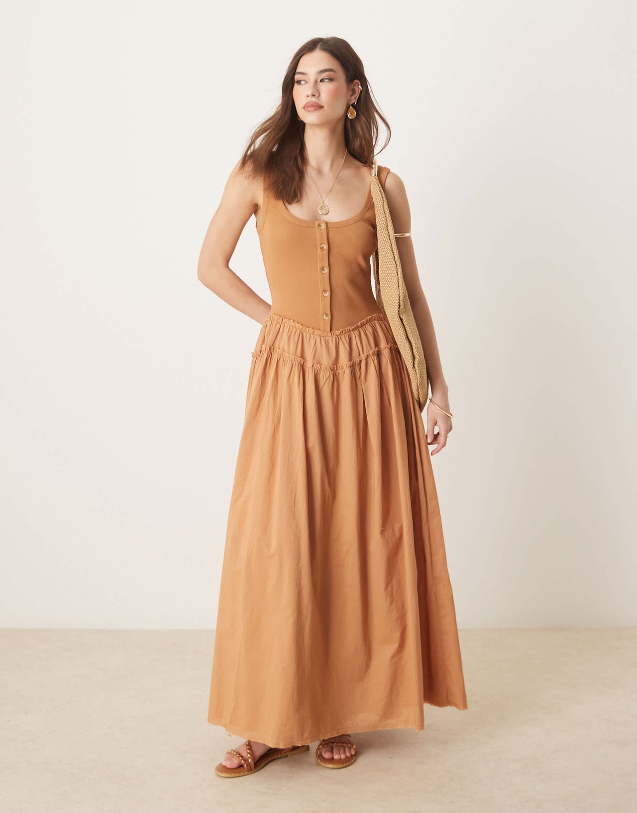 ASOS DESIGN scoop button&nbsp;ribbed bodice with poplin skirt maxi dress in rust