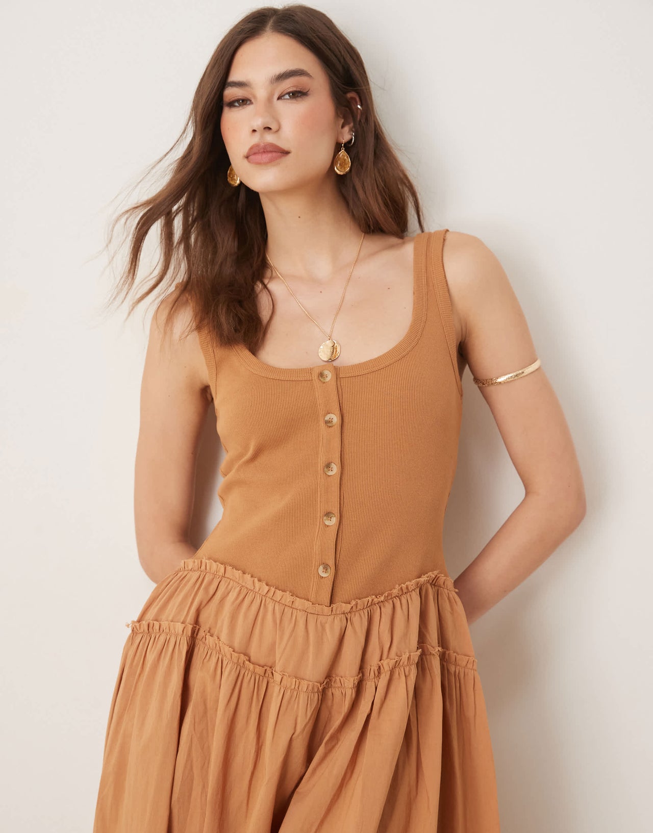 ASOS DESIGN scoop button&nbsp;ribbed bodice with poplin skirt maxi dress in rust