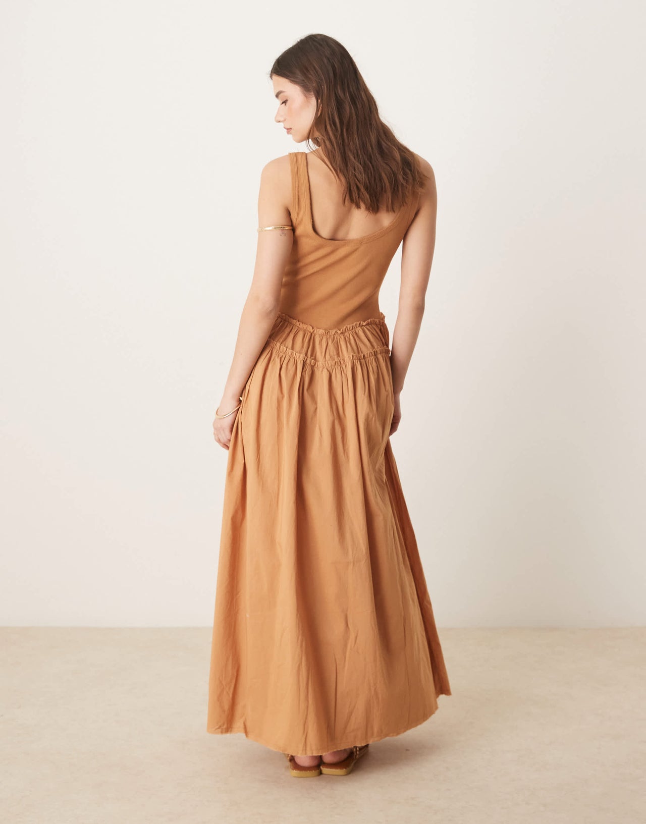ASOS DESIGN scoop button&nbsp;ribbed bodice with poplin skirt maxi dress in rust