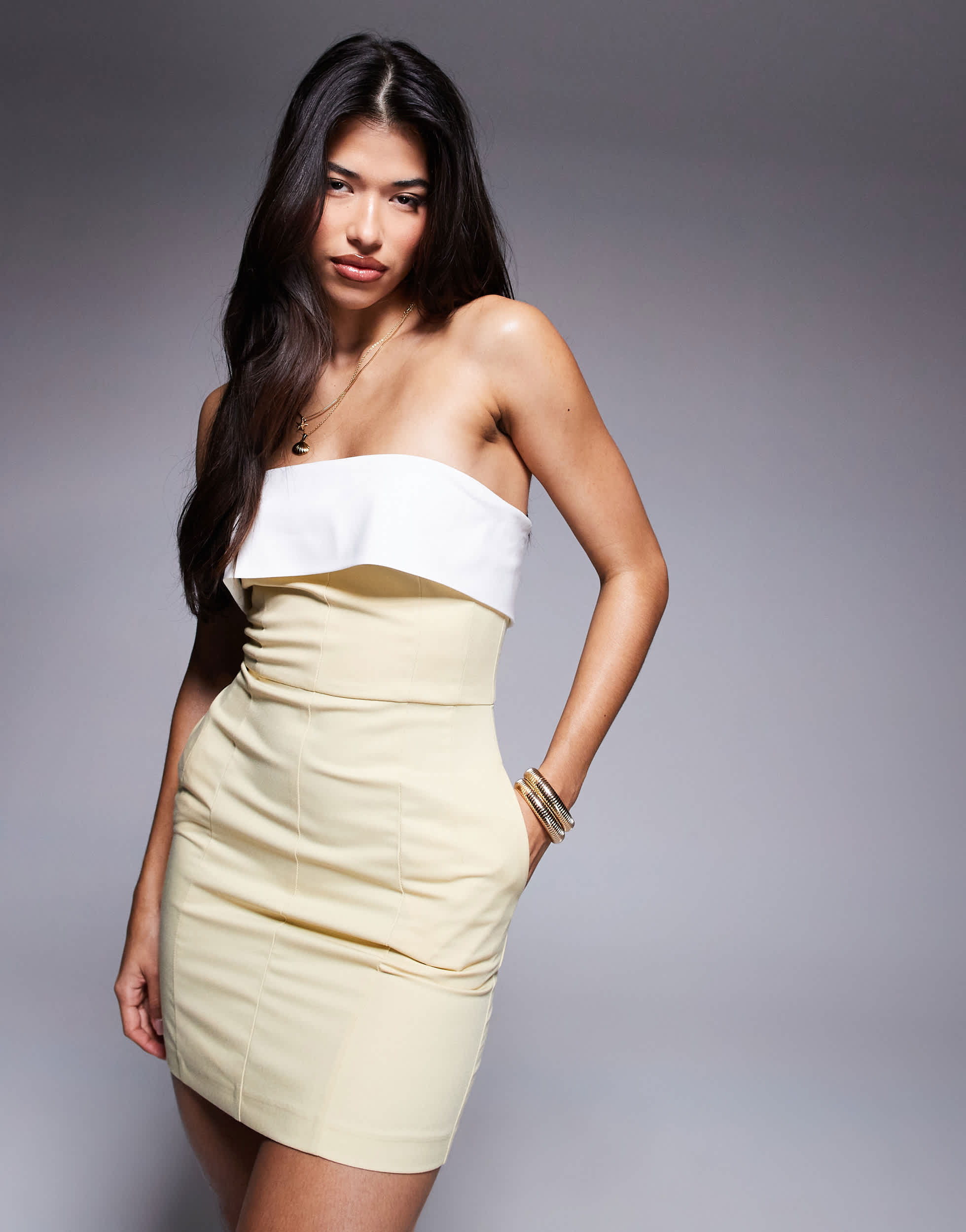 Rare London tailored contrast fold over detail bandeau mini dress in butter yellow