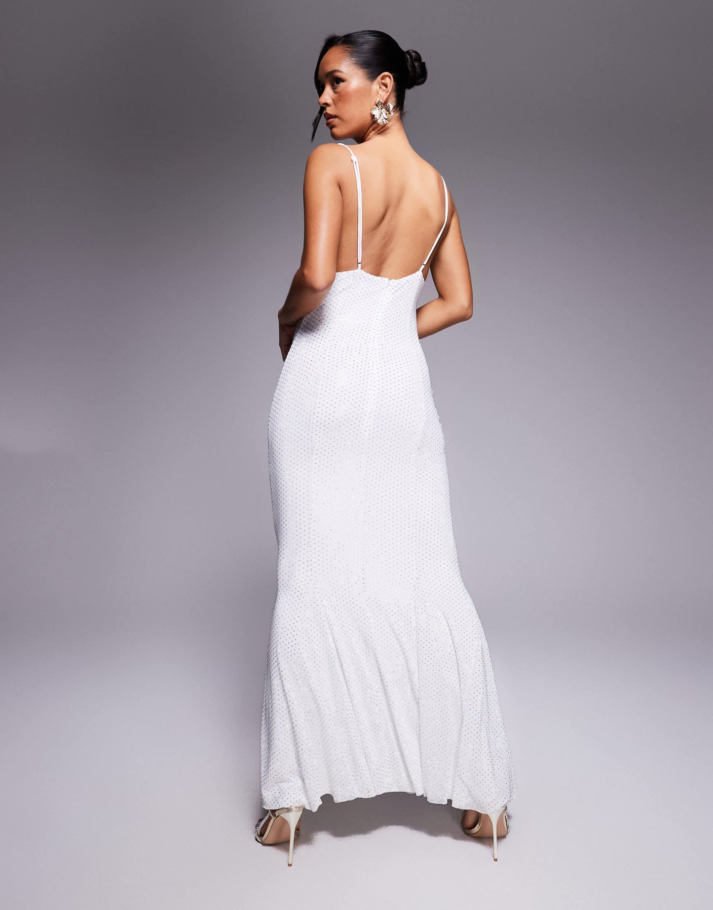 Rare London all over hotfix cowl neck fishtail maxi dress in white