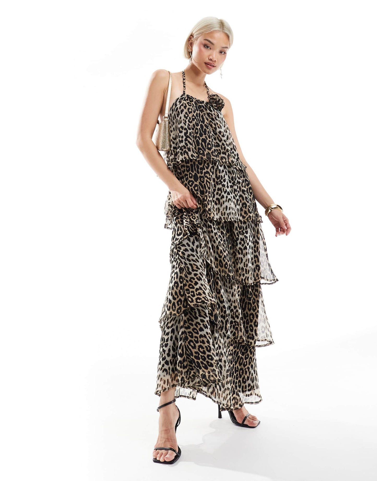 Pieces ruffle tiered maxi dress with corsage detail in leopard print