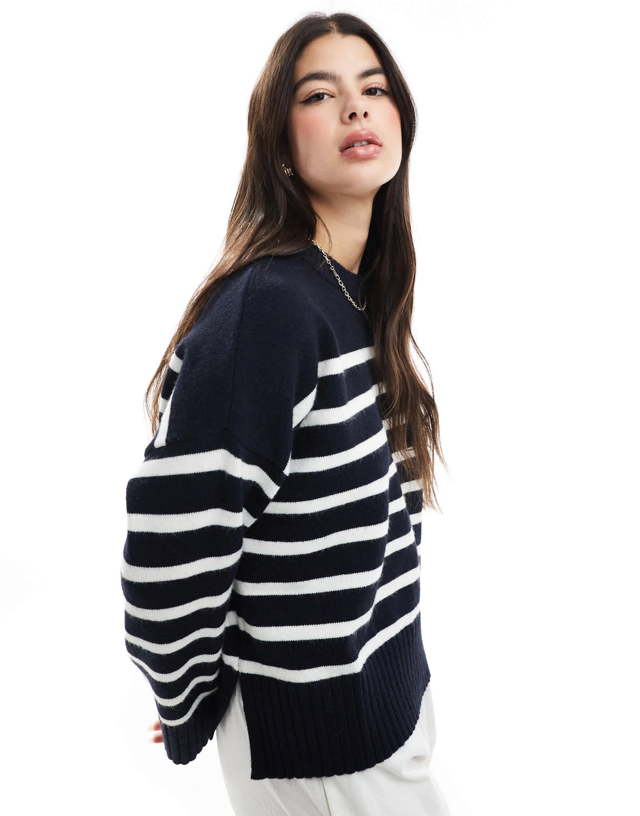 Bershka chunky crew neck jumper in navy & ecru stripe