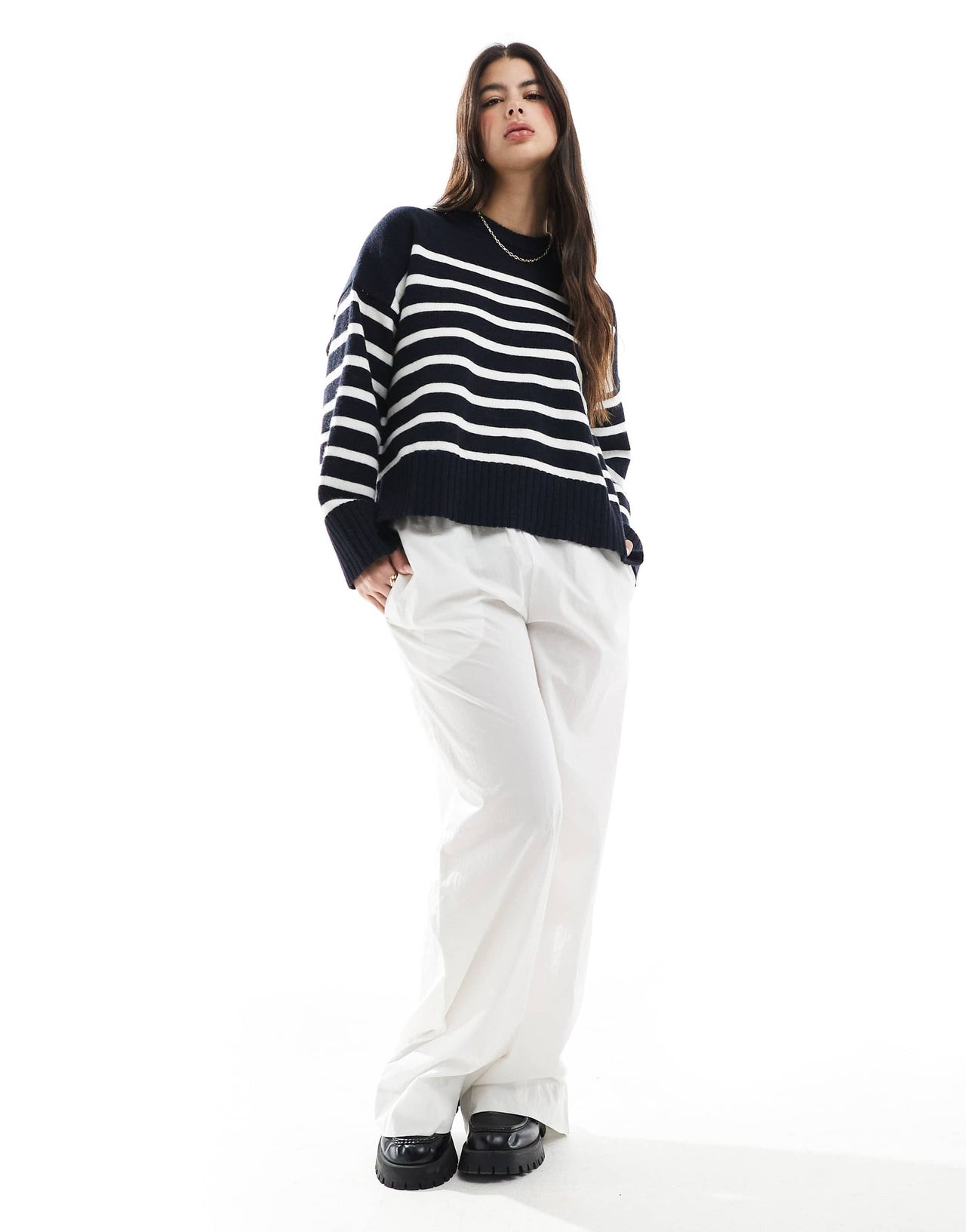 Bershka chunky crew neck jumper in navy & ecru stripe