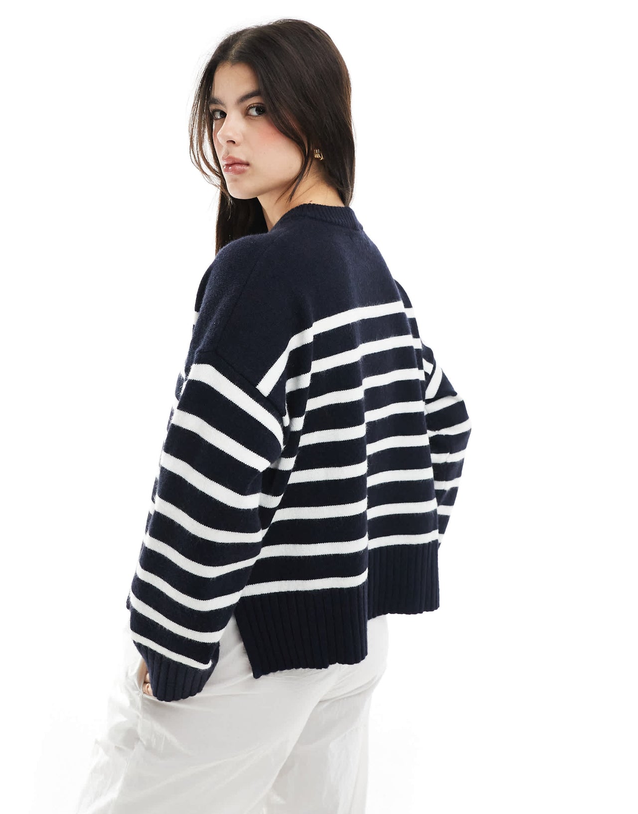 Bershka chunky crew neck jumper in navy & ecru stripe