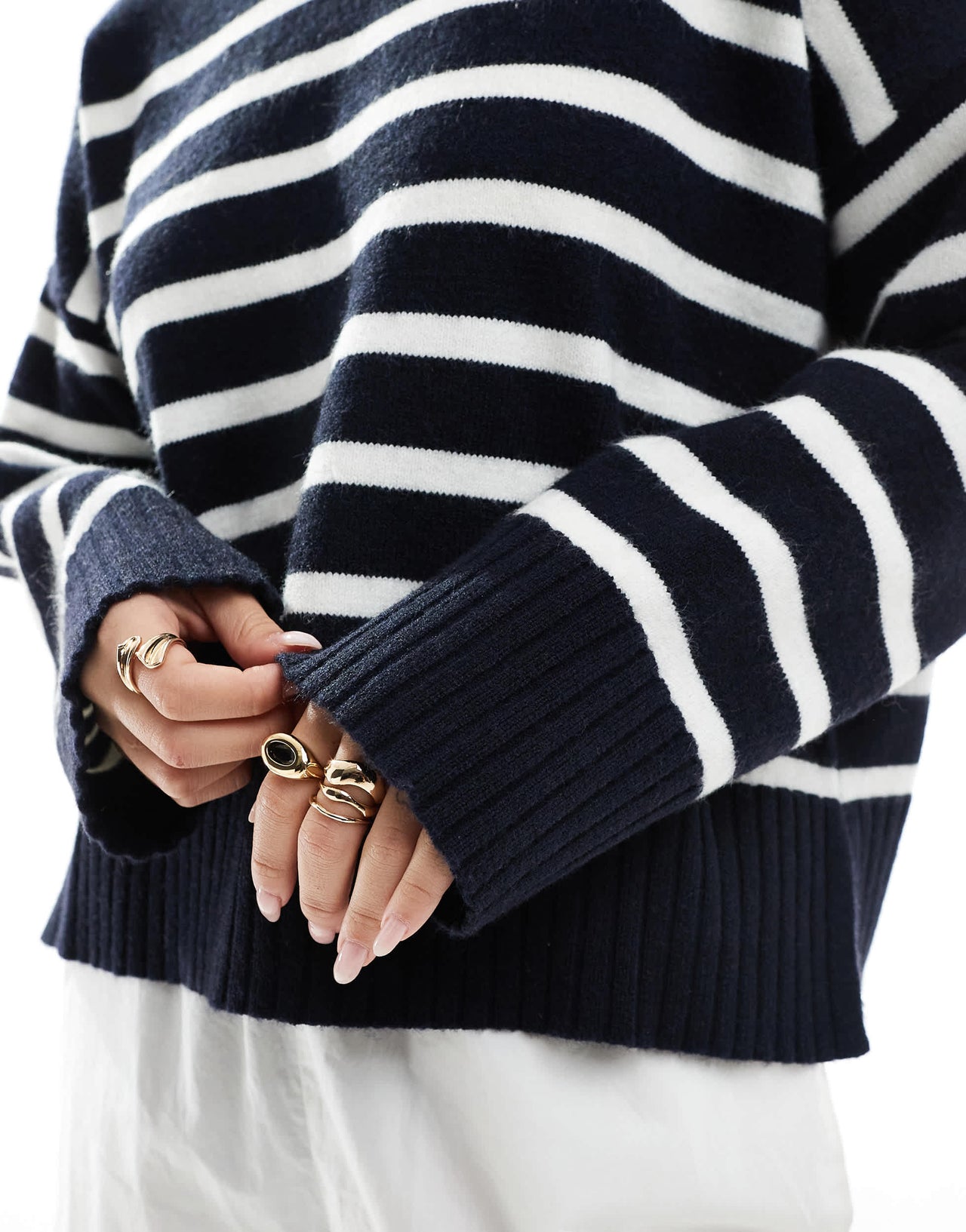 Bershka chunky crew neck jumper in navy & ecru stripe