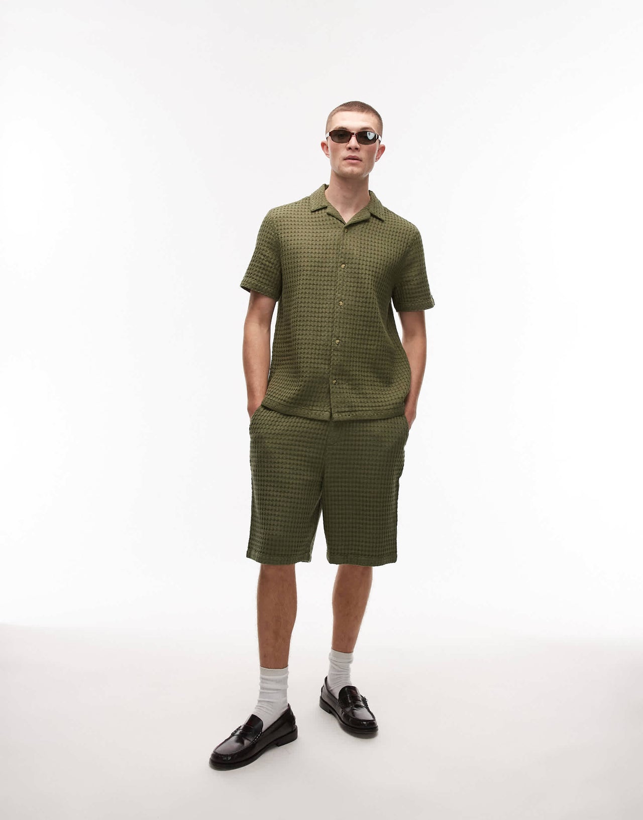 Topman textured grid check short co-ord in khaki