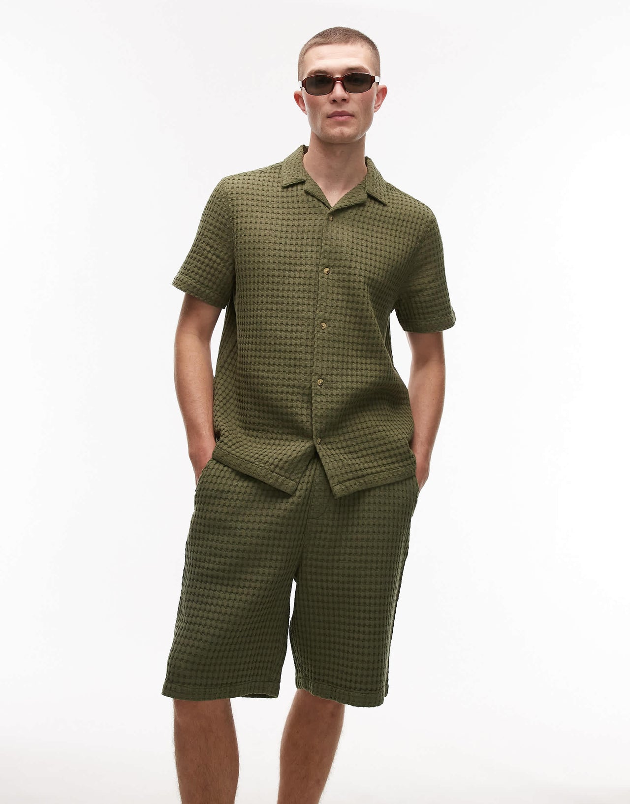Topman textured grid check short co-ord in khaki