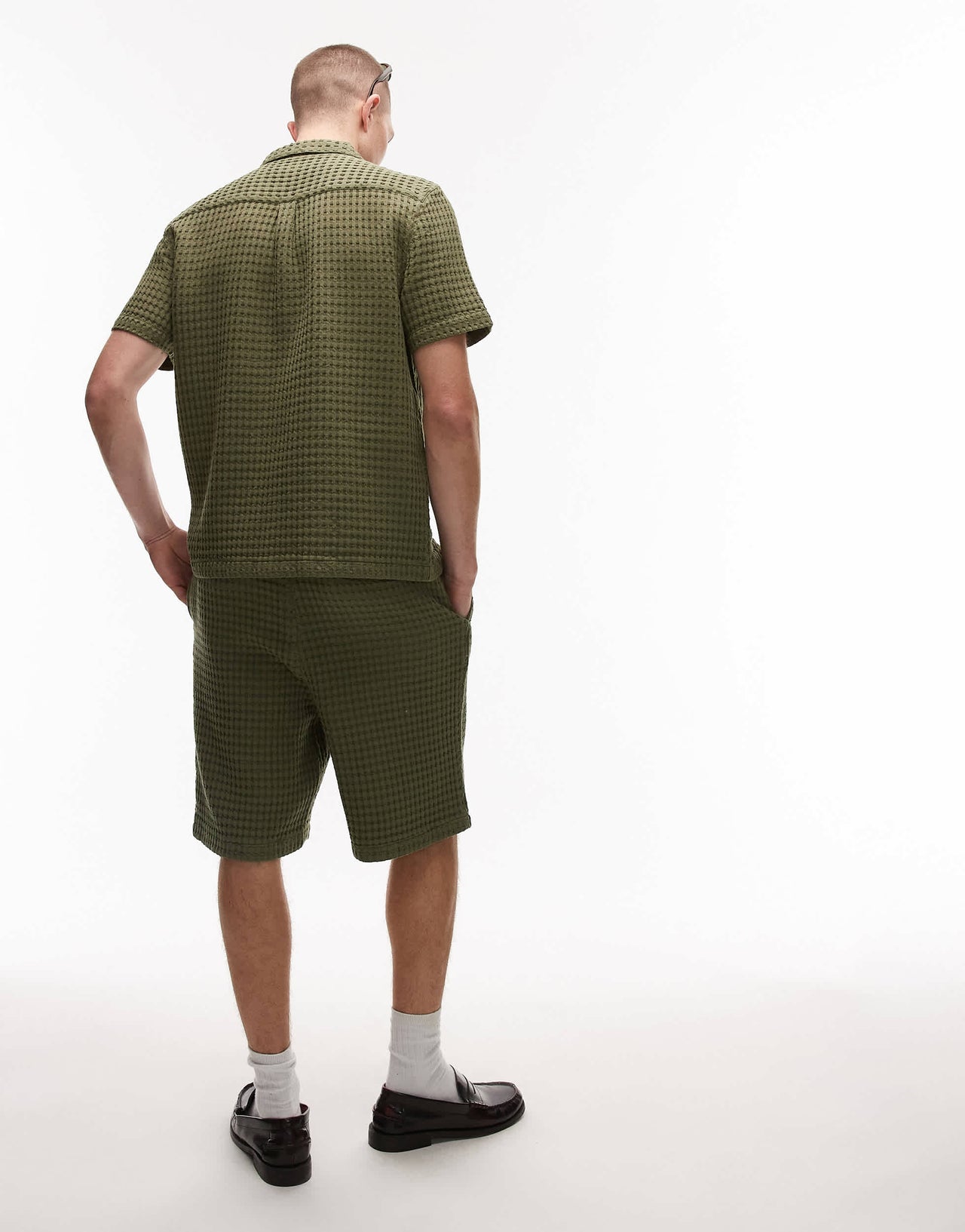 Topman textured grid check short co-ord in khaki
