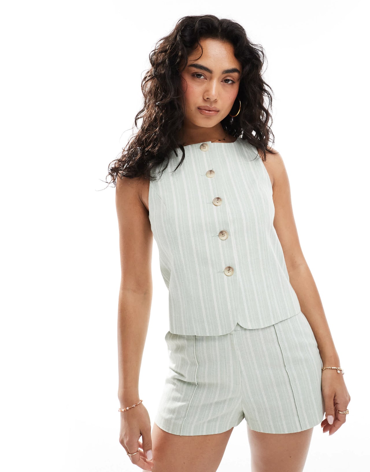 Miss Selfridge co-ord tailored button through waistcoat in green stripe