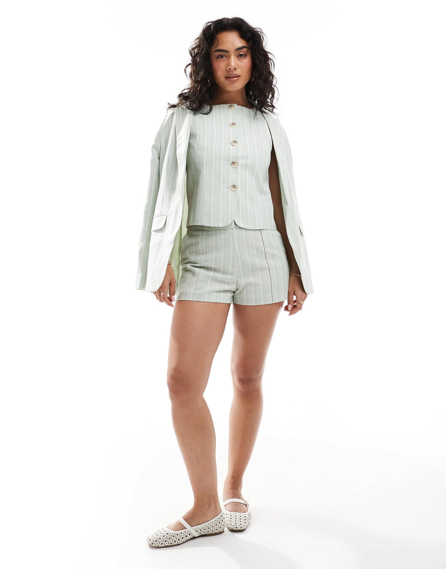 Miss Selfridge co-ord tailored button through waistcoat in green stripe