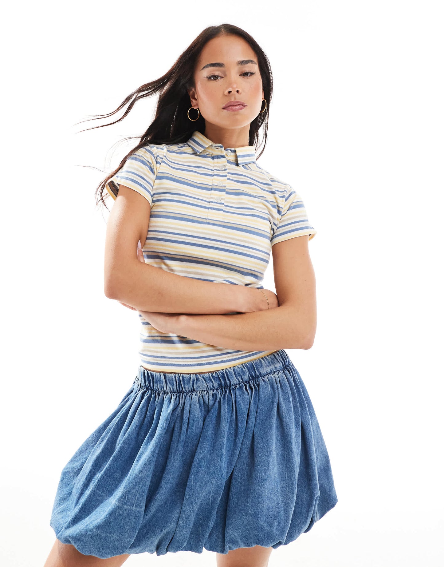 Daisy Street fitted polo top in yellow blue stripe