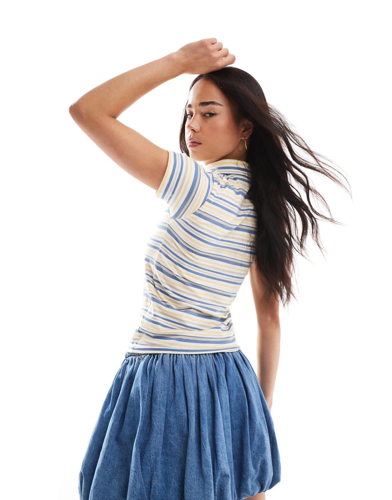 Daisy Street fitted polo top in yellow blue stripe