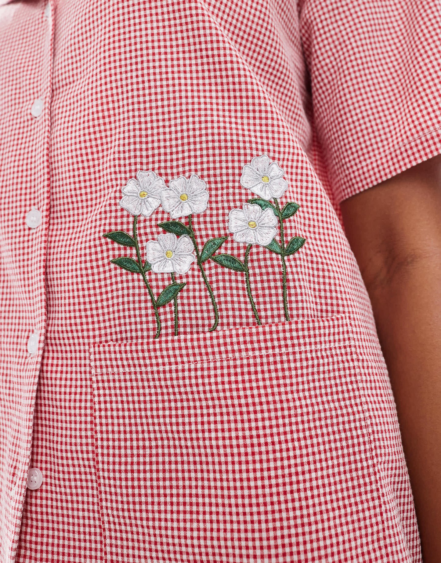 Daisy Street gingham shirt with embroidery flowers in red gingham co-ord