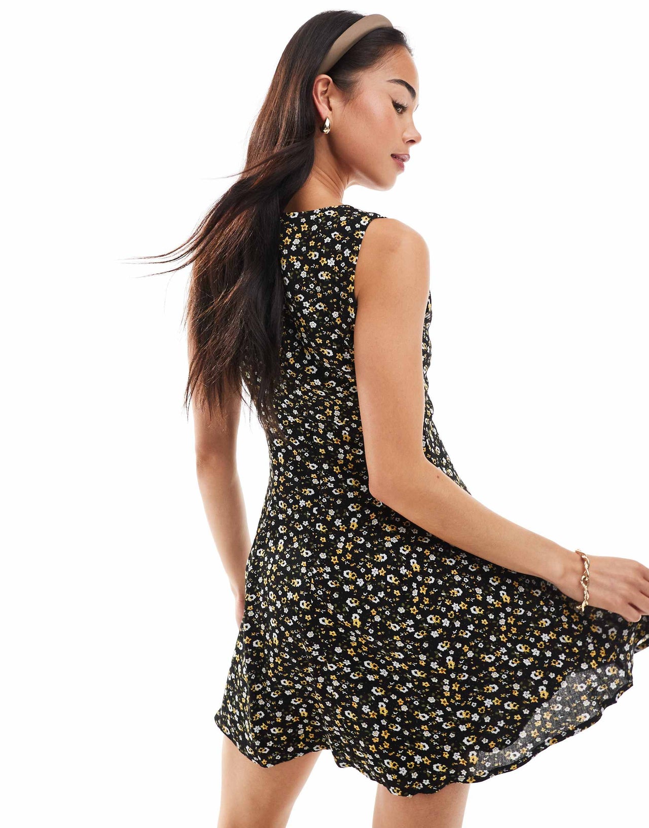 Daisy Street a-line mini dress in black ditsy floral