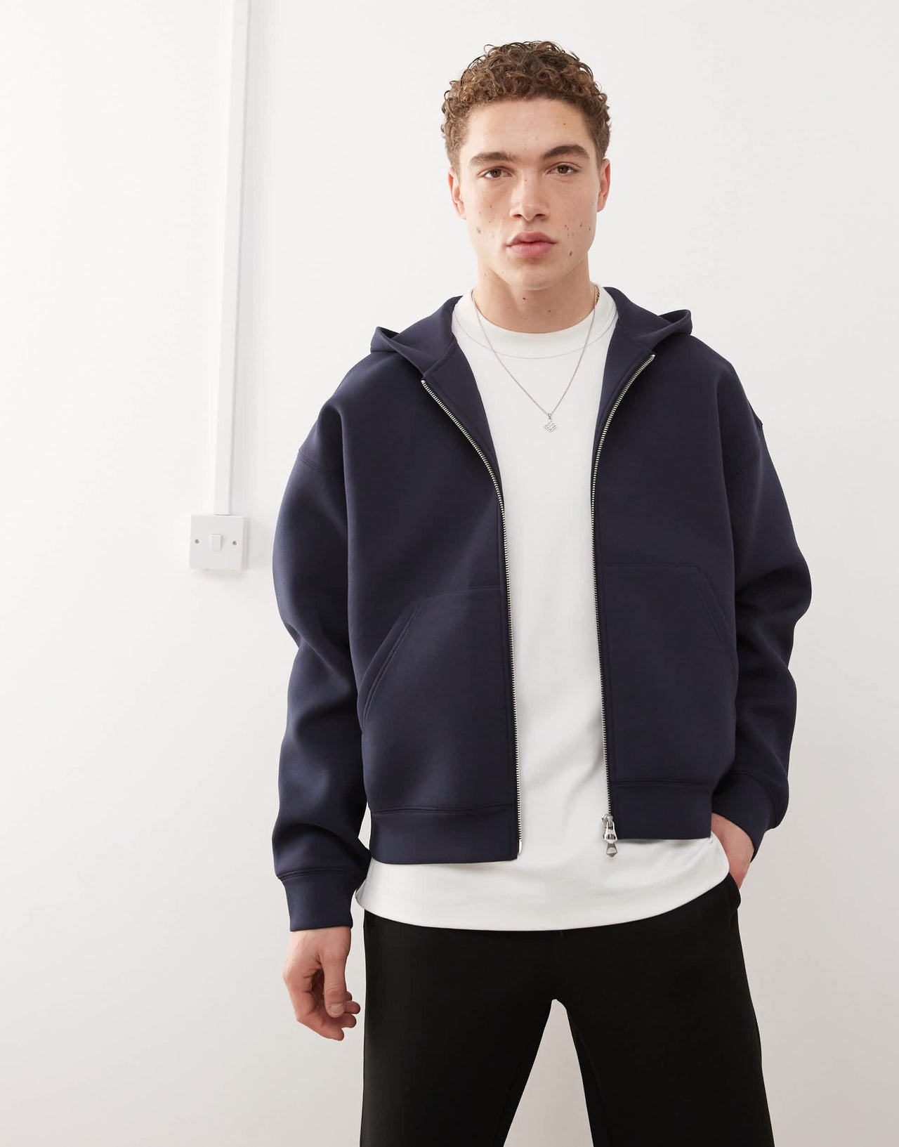 Weekday Simon  zip through hoodie in navy in scuba-style fabric