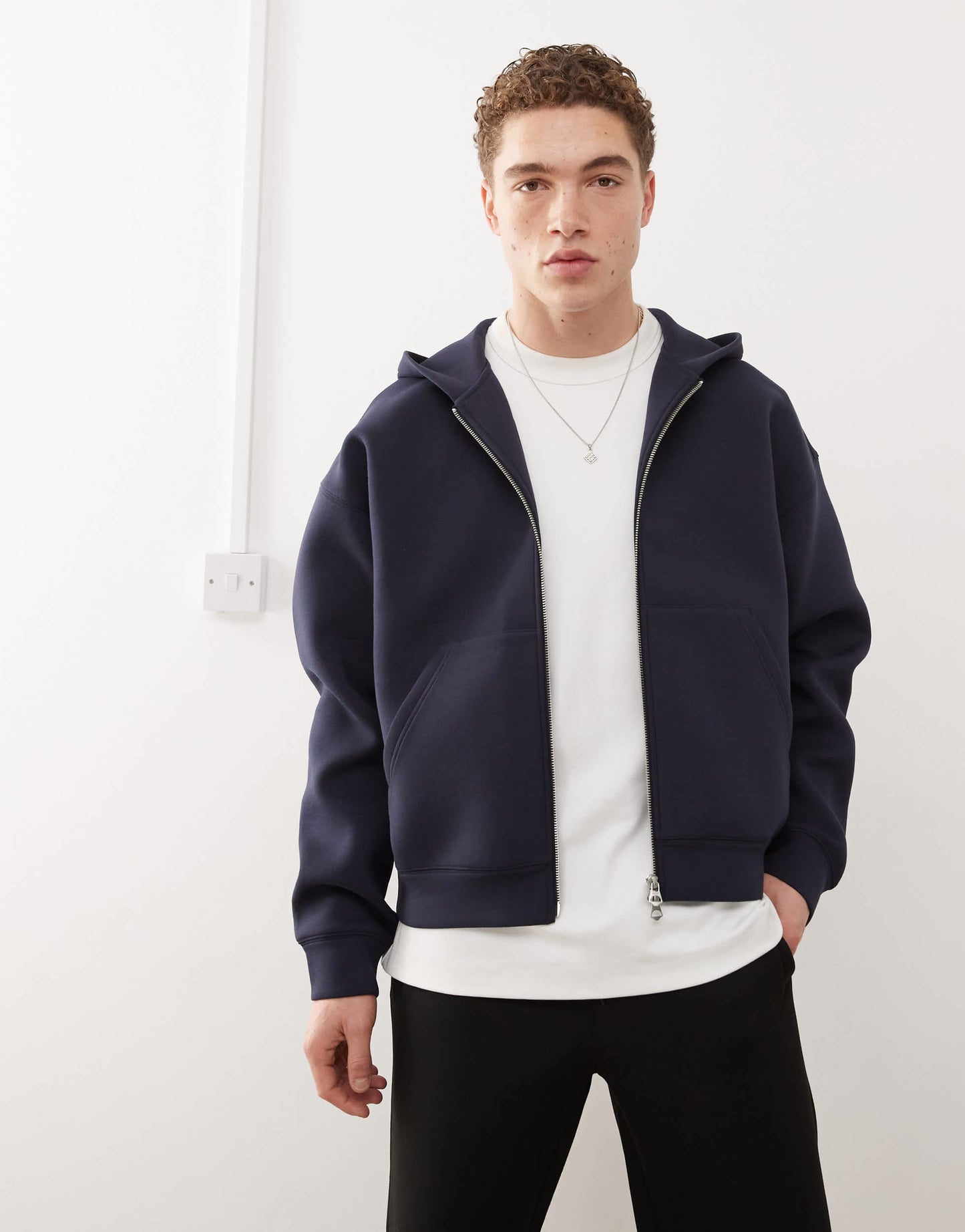 Weekday Simon  zip through hoodie in navy in scuba-style fabric