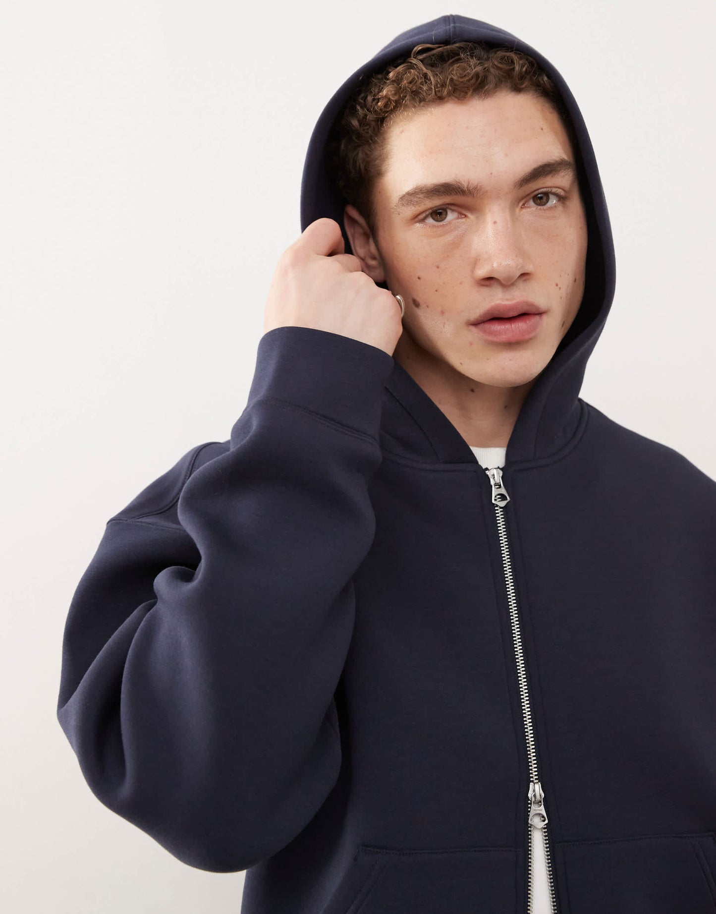 Weekday Simon  zip through hoodie in navy in scuba-style fabric