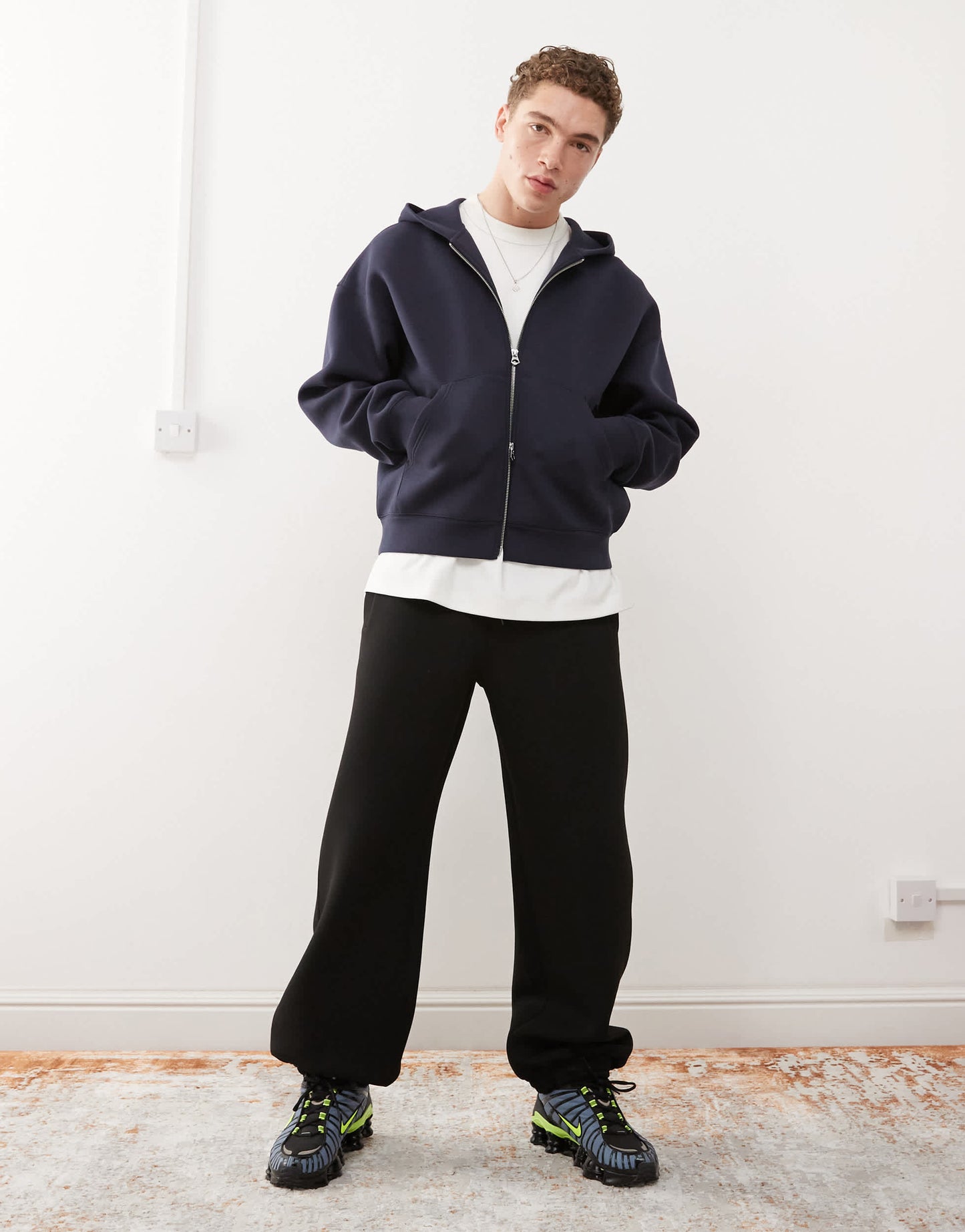 Weekday Simon  zip through hoodie in navy in scuba-style fabric