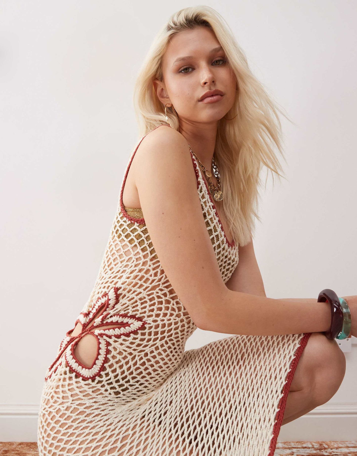 Reclaimed Vintage Limited Edition hand crochet cut out detail maxi beach dress in cream