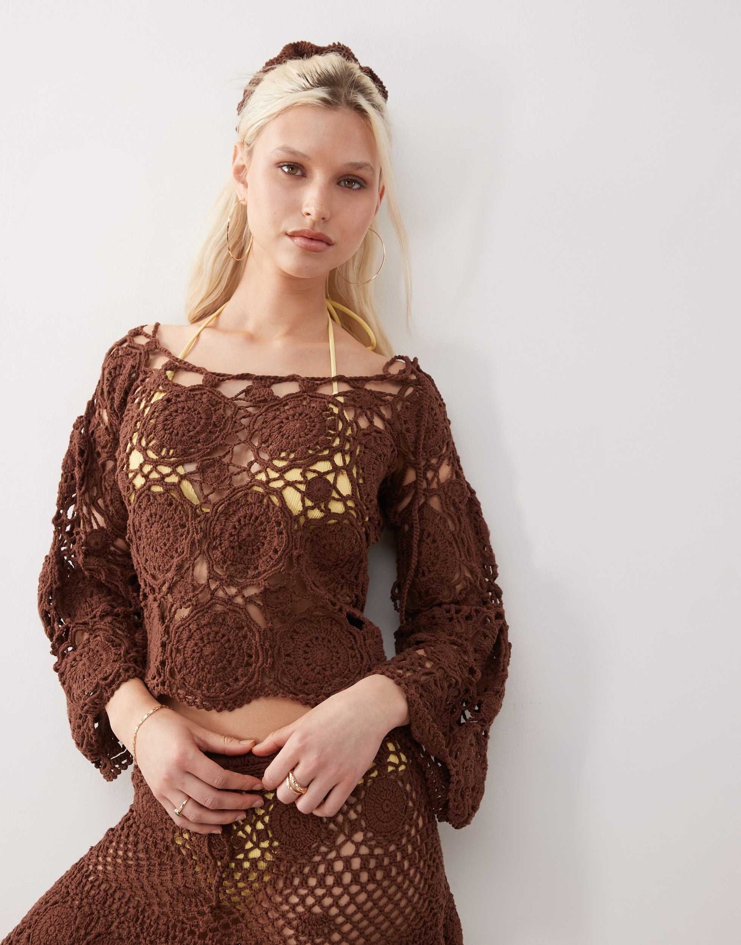 Reclaimed Vintage Limited Edition hand crochet crop top in chocolate brown co-ord