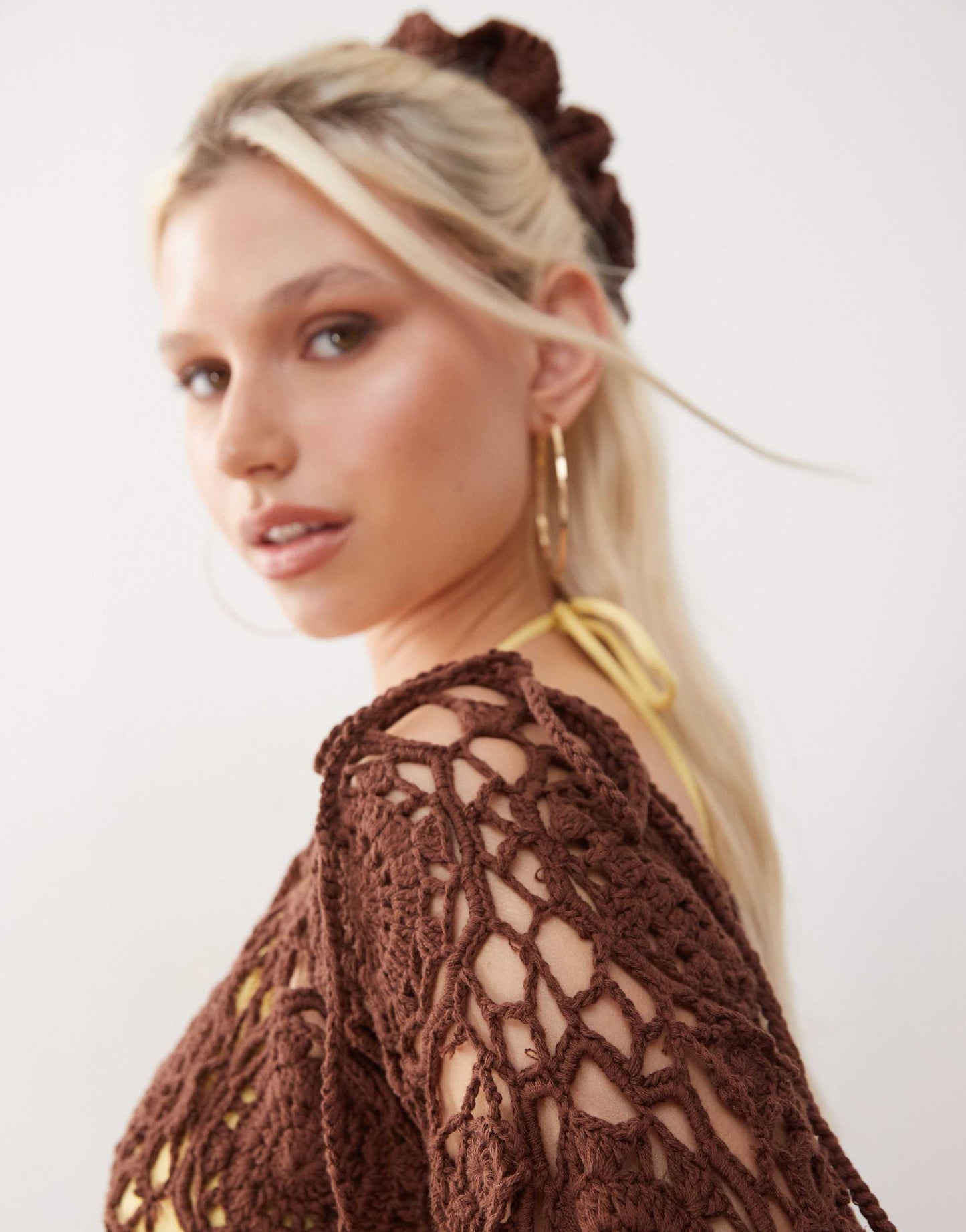 Reclaimed Vintage Limited Edition hand crochet crop top in chocolate brown co-ord