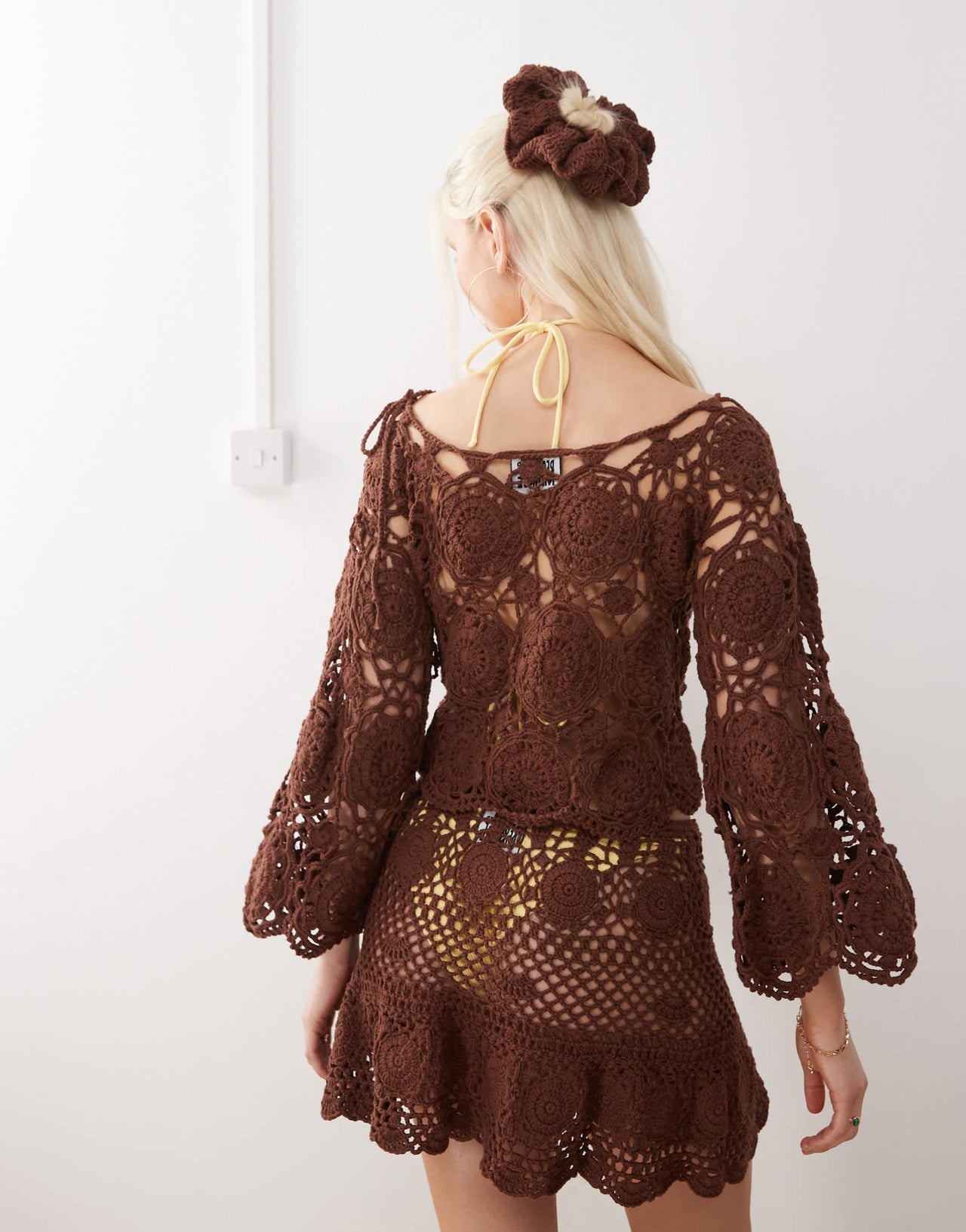Reclaimed Vintage Limited Edition hand crochet crop top in chocolate brown co-ord