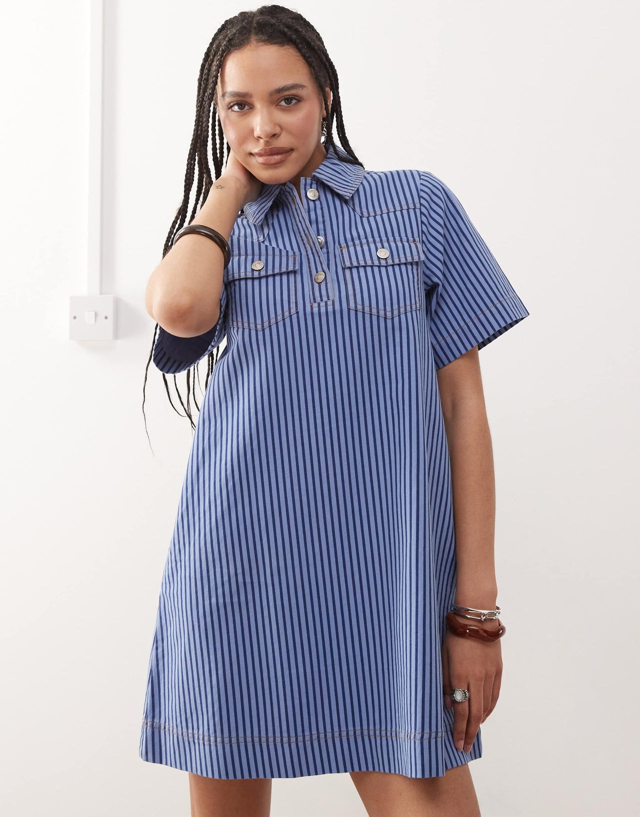 Reclaimed Vintage denim shirt mini dress in blue tonal pinstripe